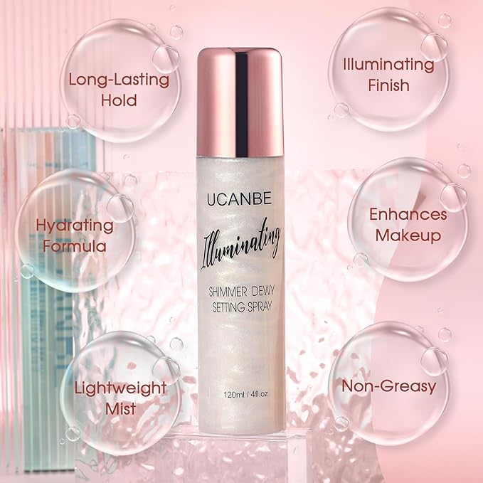 UCANBE Shimmer Dewy Setting Spray – Glowing + Makeup Setting Spray 2 in 1 Lightweight Formula for a Radiant Glow,Long-Lasting Face Mist for Face Body, 4 Fl Oz #Platinum
