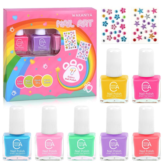 wakaniya Kids Non Toxic Nail Polish Set for Girls with Gems Nail Stickers, 7 Color Peel-Off Low Odor Nail Polish for Toddler