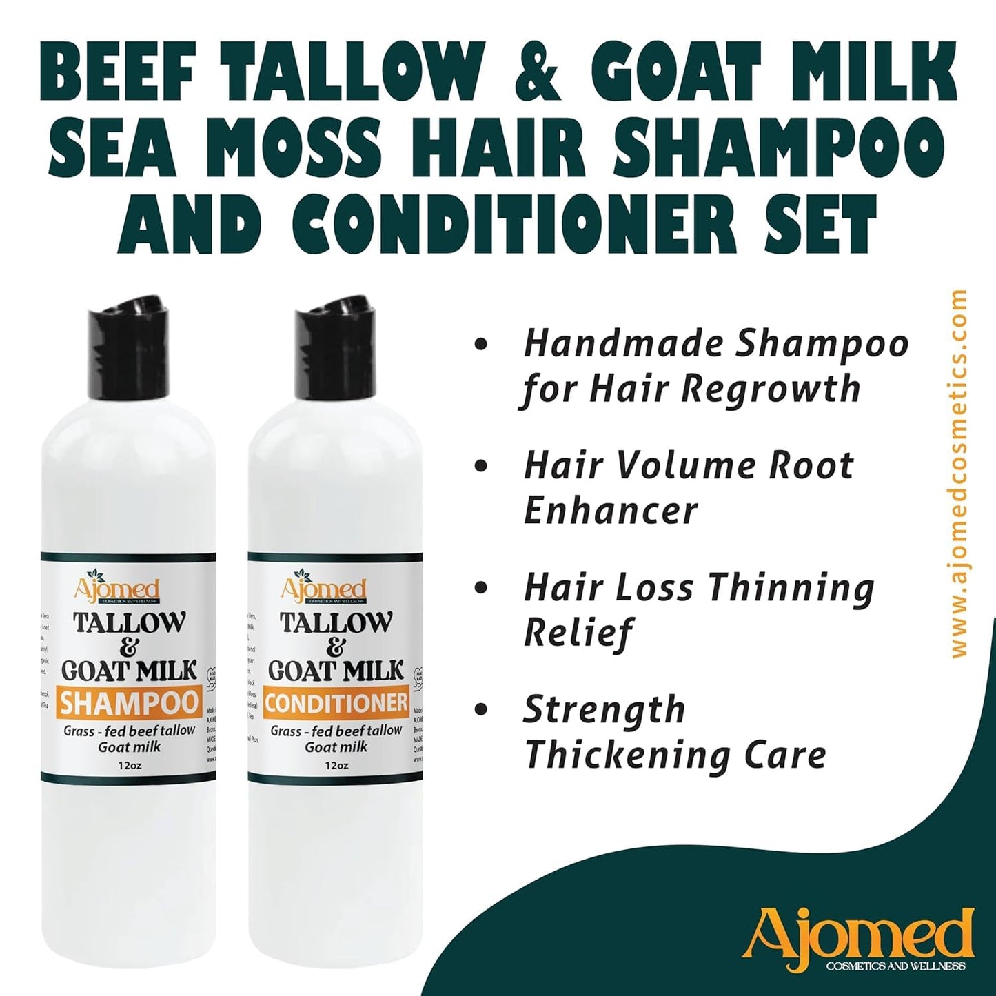 Beef Tallow Shampoo & Conditioner Set -Unscented Handmade tallow & goat milk shampoo for Damaged hair, all hair types- Moisturizing Shampoo- Sulfate, fragrance free -SHAMPOO 12OZ