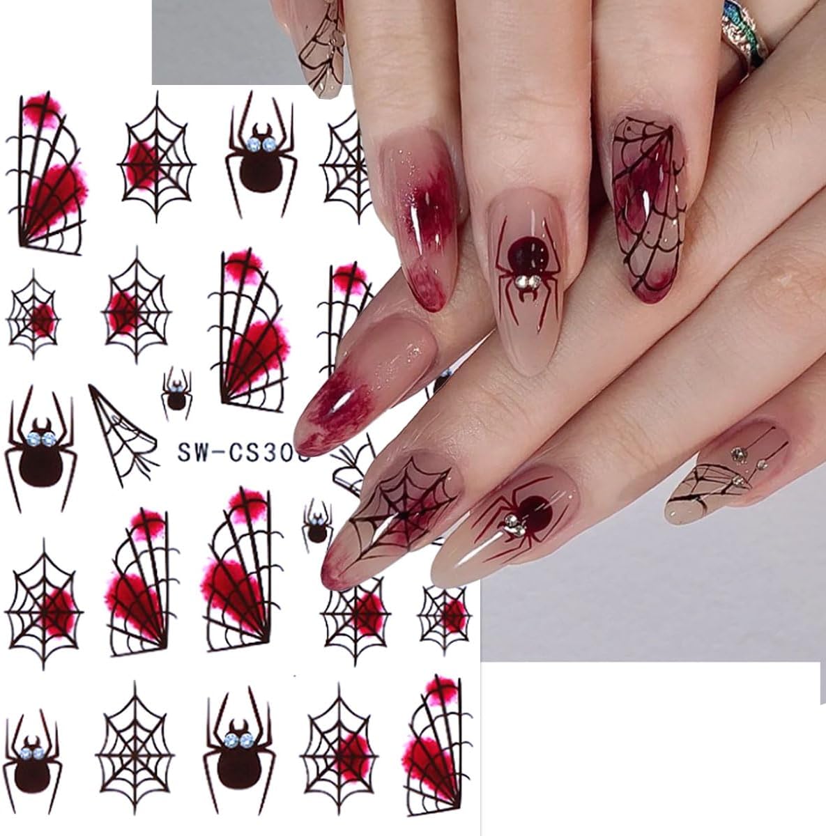 6 Sheets Halloween Nail Stickers Spider Web Nail Art Stickers Ghost Nail Decals Black Pink Red Bat Heart Boo Design Pumpkin Nail Sticker for Nail Art for Women DIY Holiday Salon Manicure