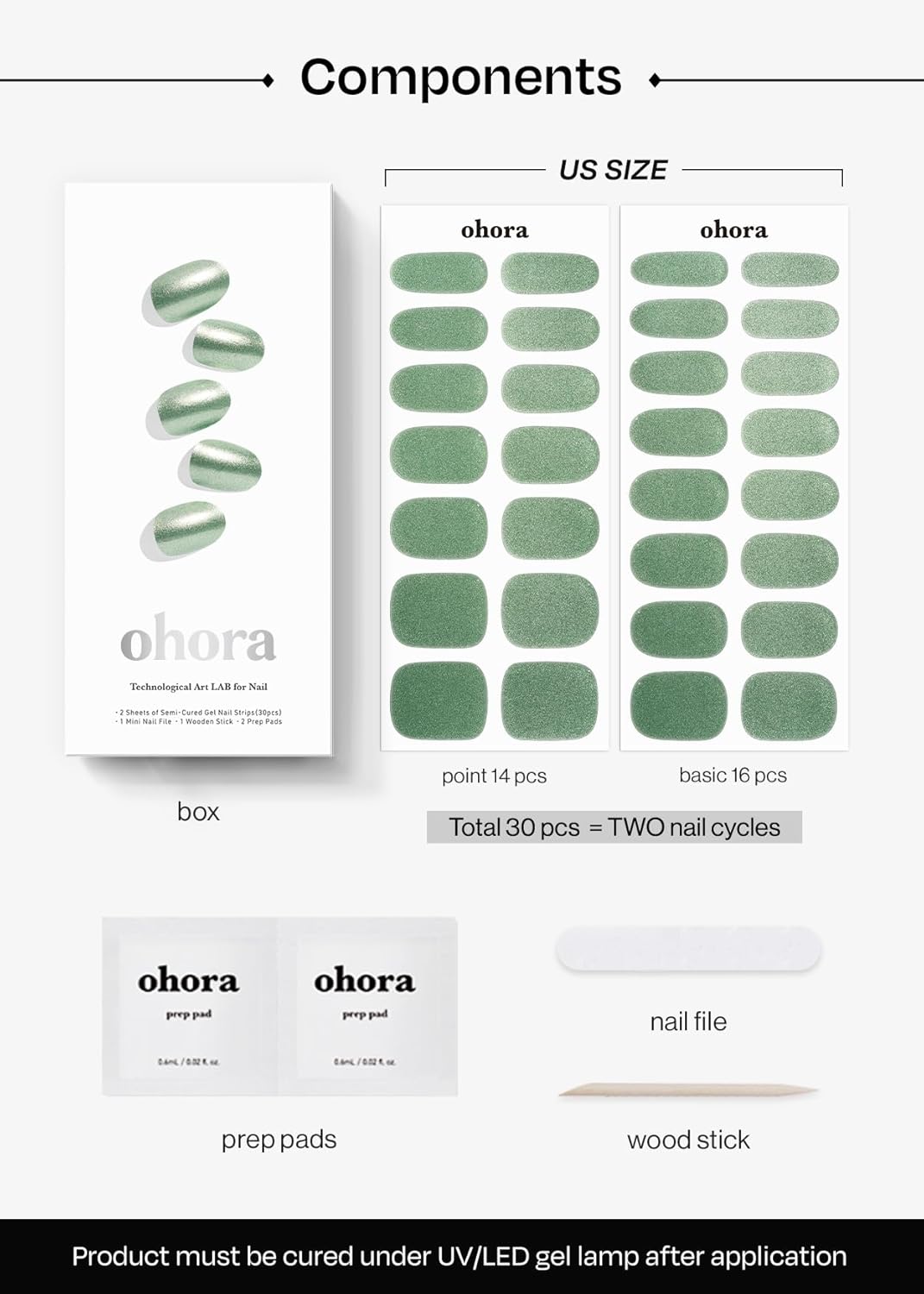 ohora Semi Cured Gel Nail Strips (N Matcha Chrome) - Works with Any Lamps, Salon-Quality, Long Lasting, Easy to Apply & Remove - Includes 2 Prep Pads, Nail File & Wooden Stick