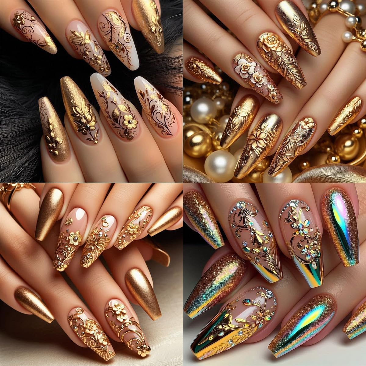 2 Sheets Gold Nail Art Stickers 3D Metallic Flower Nail Stickers Gold Blossom Floral Fallen Leaves Design Nail Art Supplies Fall Nail Decals for Women Girl Acrylic DIY Manicure Decoration Accessories