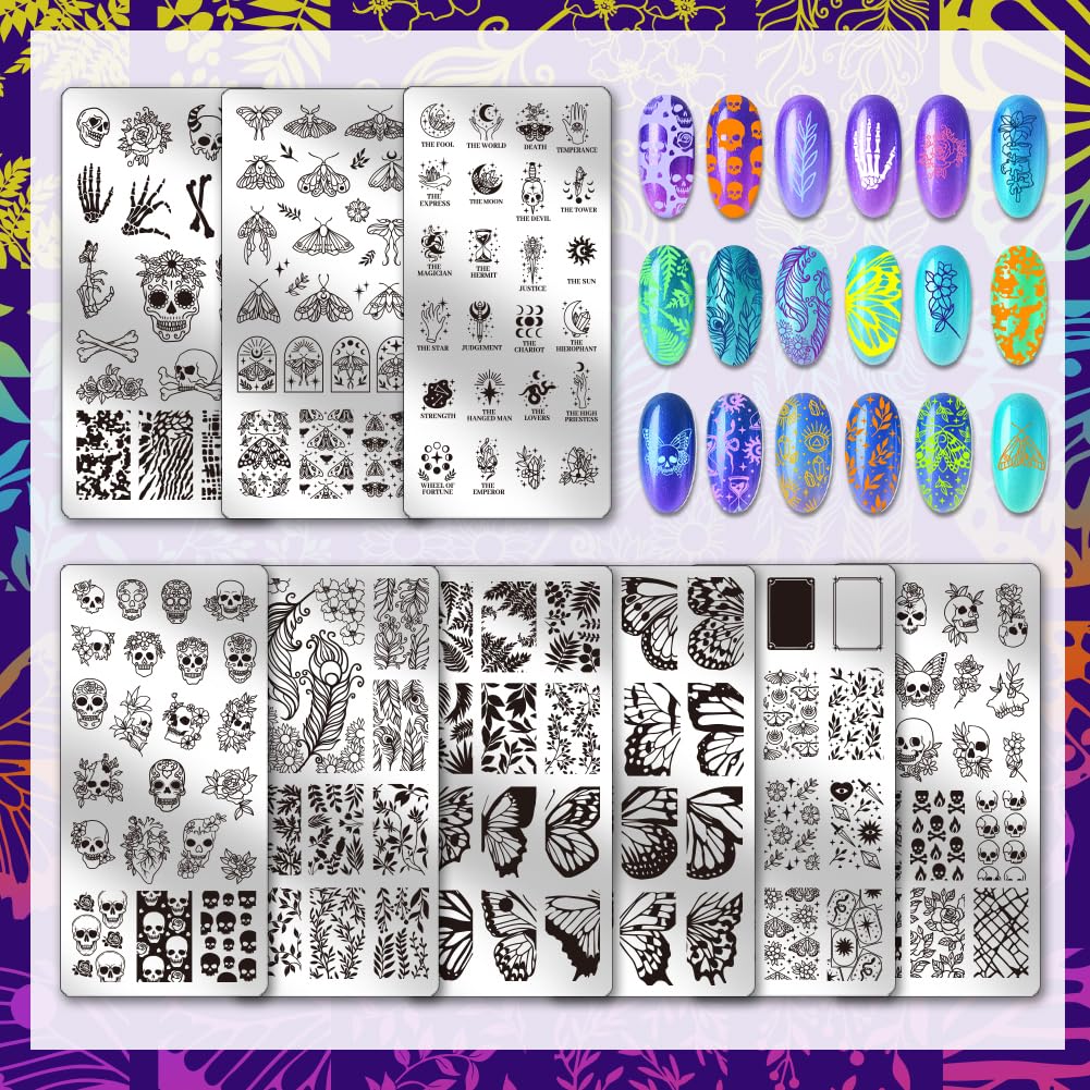 PH PandaHall 9pcs Gothic Skull Nail Stamping Plates Butterfly Nail Art Stencil Star Moon Leaf Manicure Art Templates Horror Skeleton Nails Stamper Plate for Women DIY Manicures Salon Printing Design