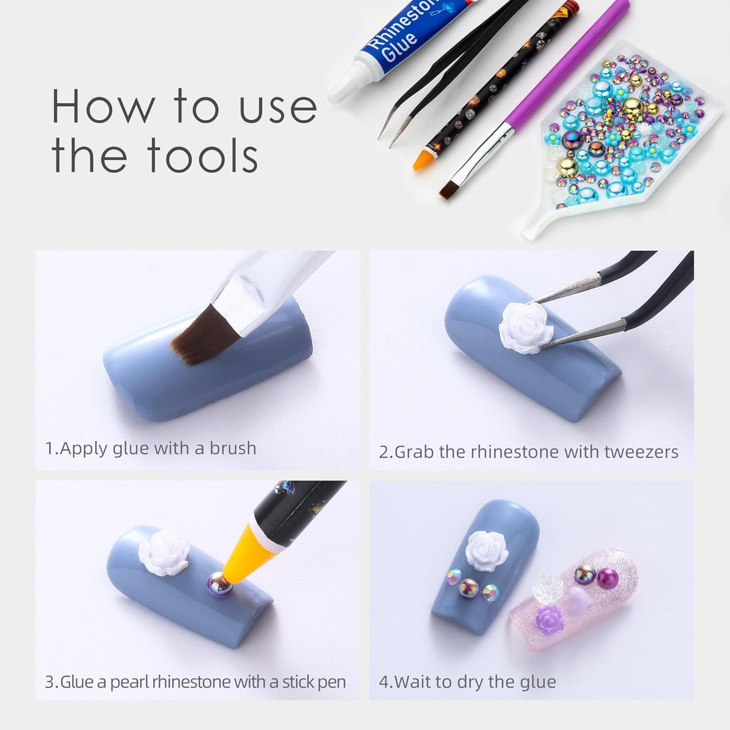 160g Gold Aquamarine Flat Back Pearls Rhinestones with Gel for Crafts Mixed Size 3mm-10mm AB Color Round Half Pearls Flatback Pearl Beads and Resin Rhinestones Set for Face Art