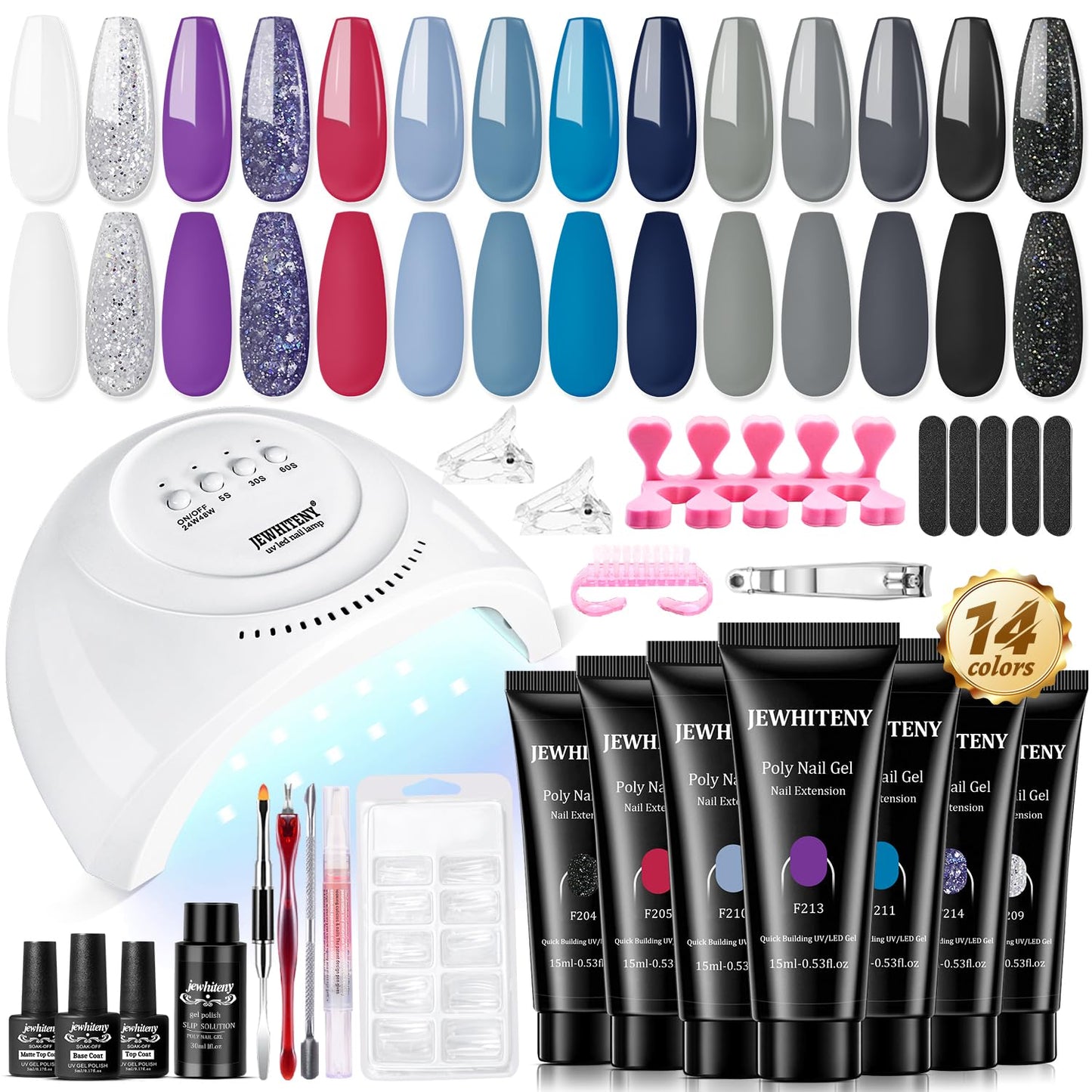 JEWHITENY 14 Colors Poly Nail Gel Kit - All-in-one Kit with Nail Lamp, Builder Gel, Matte & Glossy Top Coat