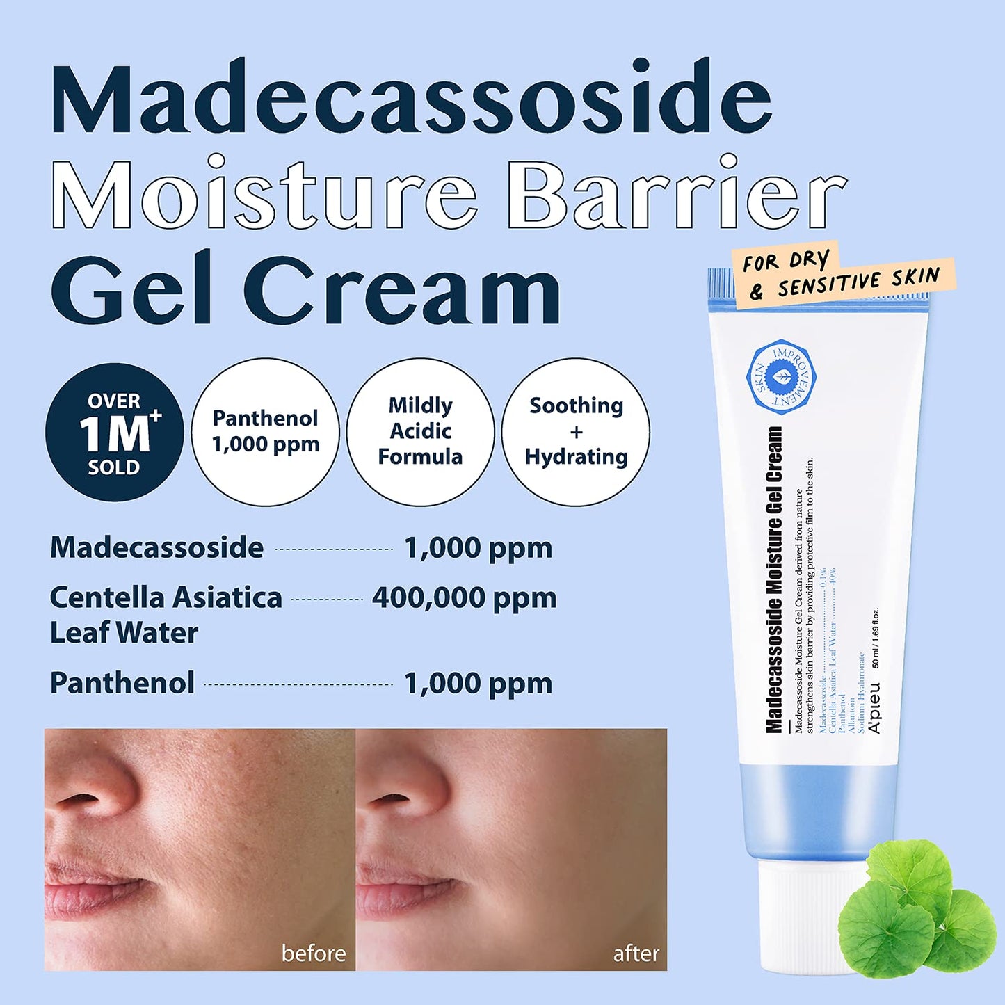 A'PIEU Madecassoside Moisture Gel Cream (1.69 Fl oz) - for Hydrating Dry and Sensitive Skin- Helps Soothe Damage and Maintain Optimal pH level- Centella Asiatica, Panthenol, Allantoin