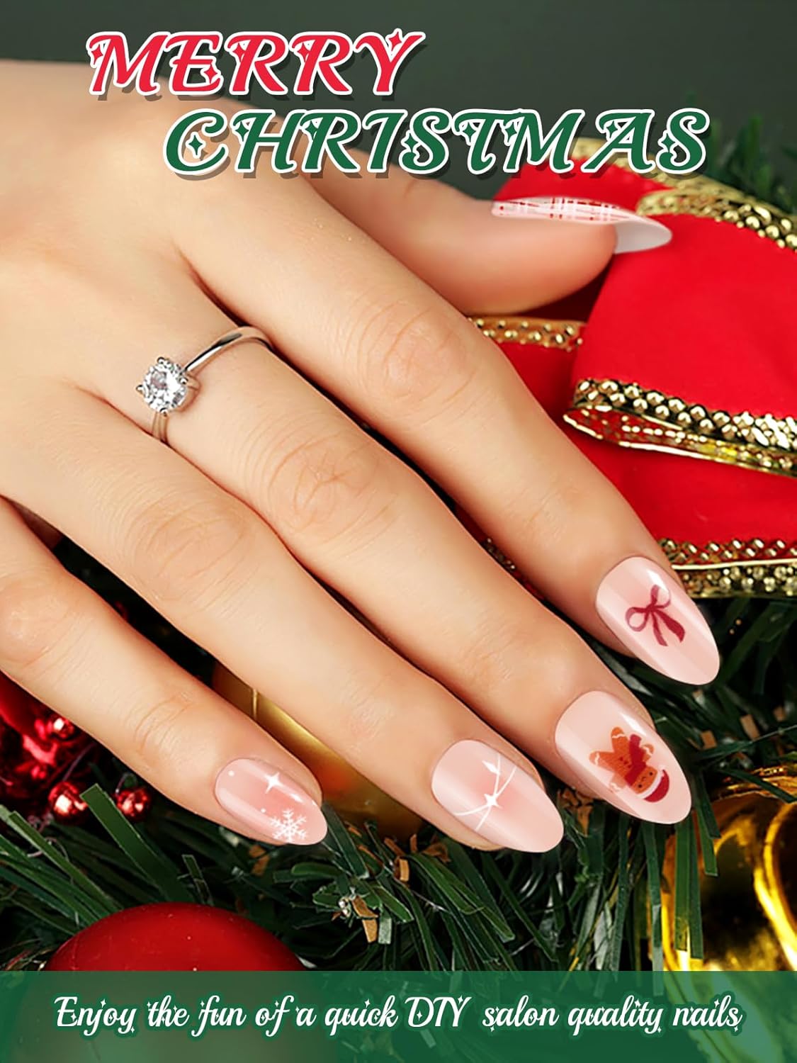 EBANKU 24PCS Christmas Semi-Cured Gel Nail Strips, Bow Tie Adhesive Nail Art Sticker, Waterproof Wrap Stickers With Nail File and Stick