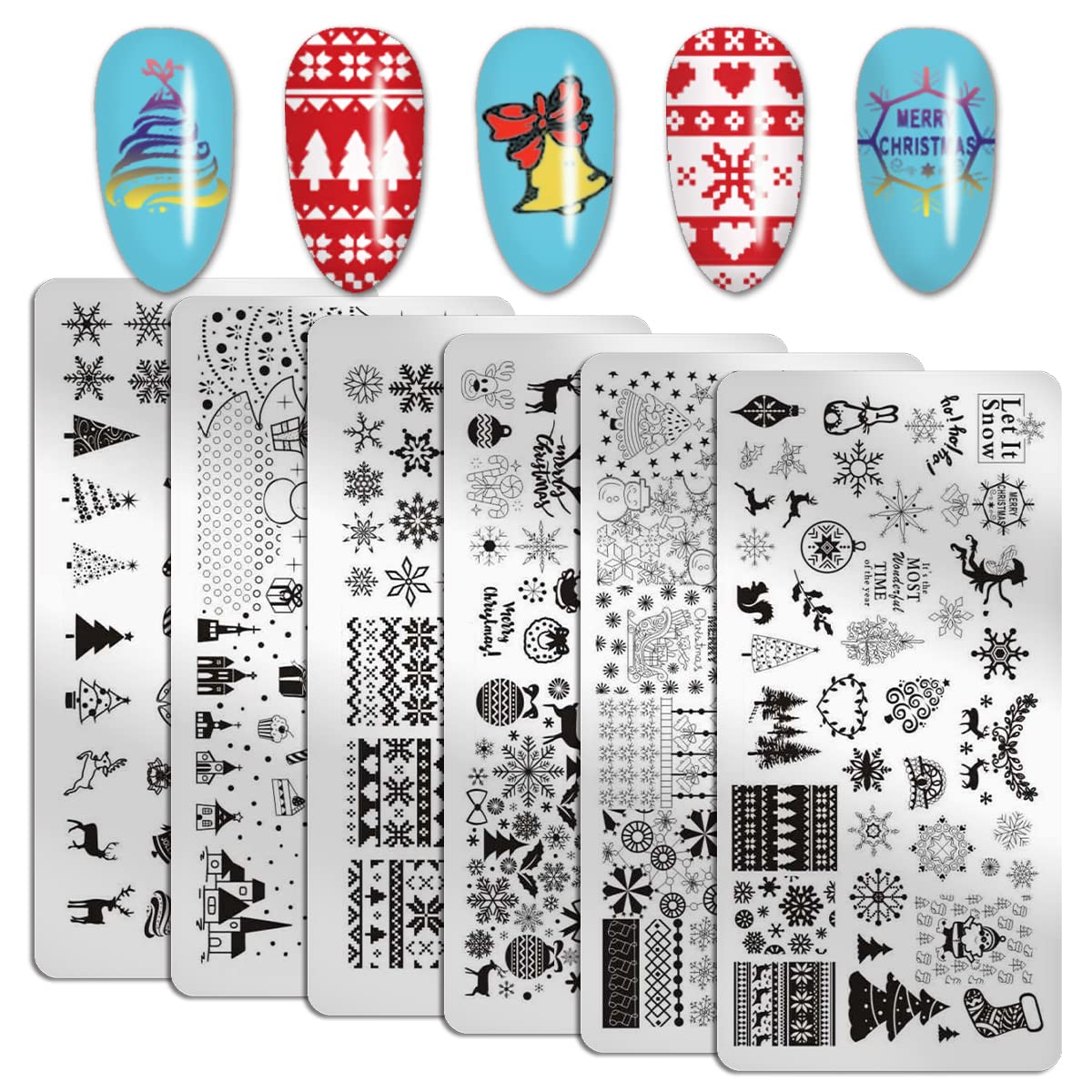 WOKOTO Christmas Nail Stamping Set - 6Pcs Plates With Santa Claus, Elk, Snowflakes Images - Art Templates and Tools for Holiday Manicure