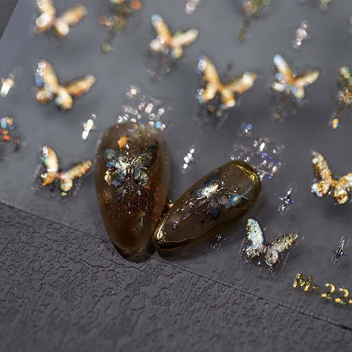 Butterfly Nail Art Stickers 5D Embossed Jelly Nail Decals Aurora Gold Butterfly Nail Stickers Self Adhesive Butterflies Nails Supplies for Women Girls Manicure Decoration 1Sheet