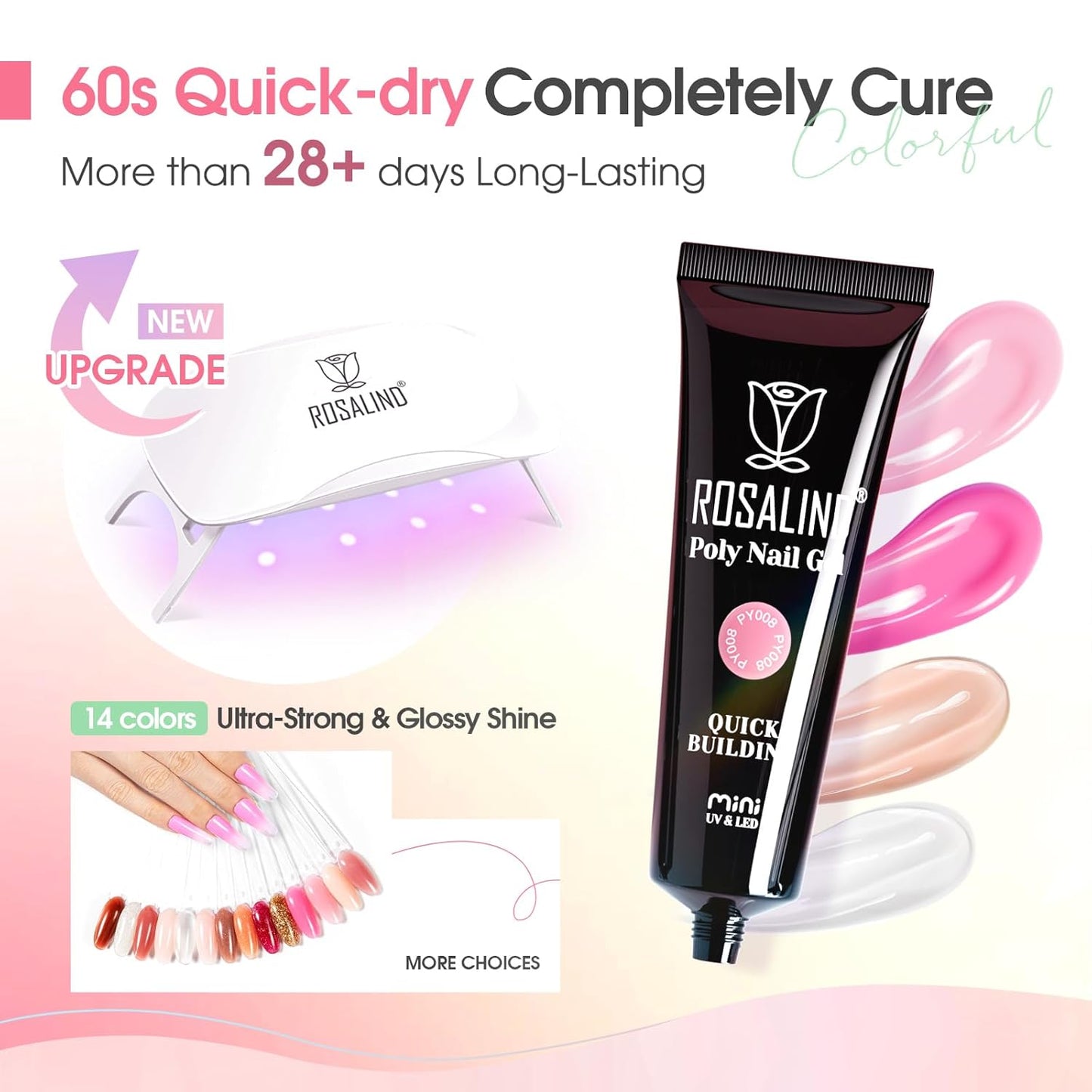 ROSALIND 14 Colors Poly Nail Gel Kit with Mini Nail Lamp Pink Brown Poly Nails Gel Kit Starter Kit With Slip Solution Kit Pink Extensions Gelfor Nail Manicure Beginner