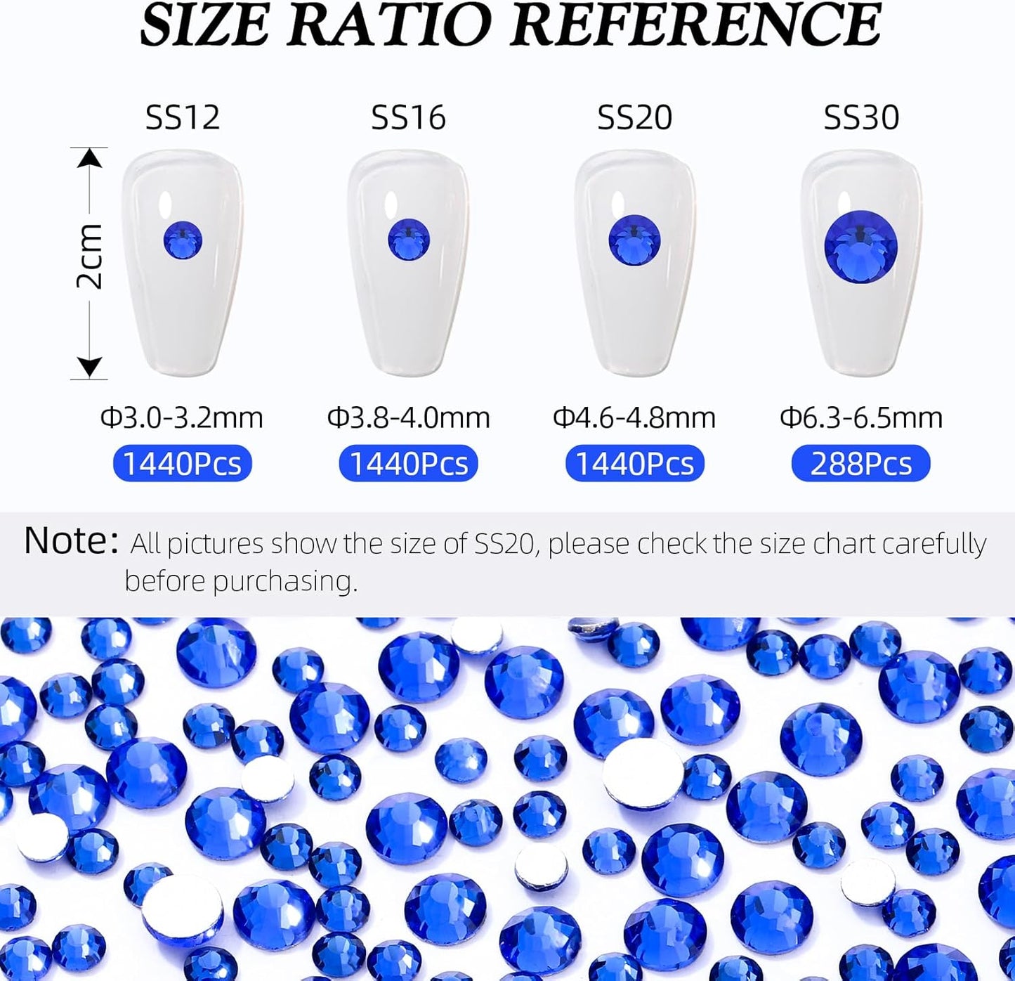 Sapphire Flatback Rhinestones, Glass Rhinestones for Nail Art and Craft, Glue Fix, Loose Crystal Gemstones(Blue, SS12, 1440pcs, 2.9-3.0mm)