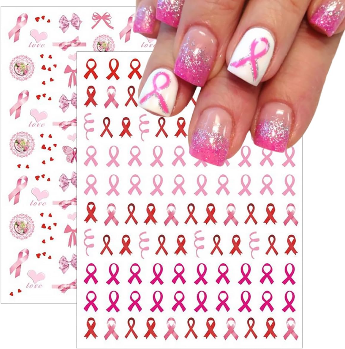 Breast Cancer Awareness Nail Decals - 4 Sheets Self-Adhesive Pink Ribbon Designs for Women DIY Supplies