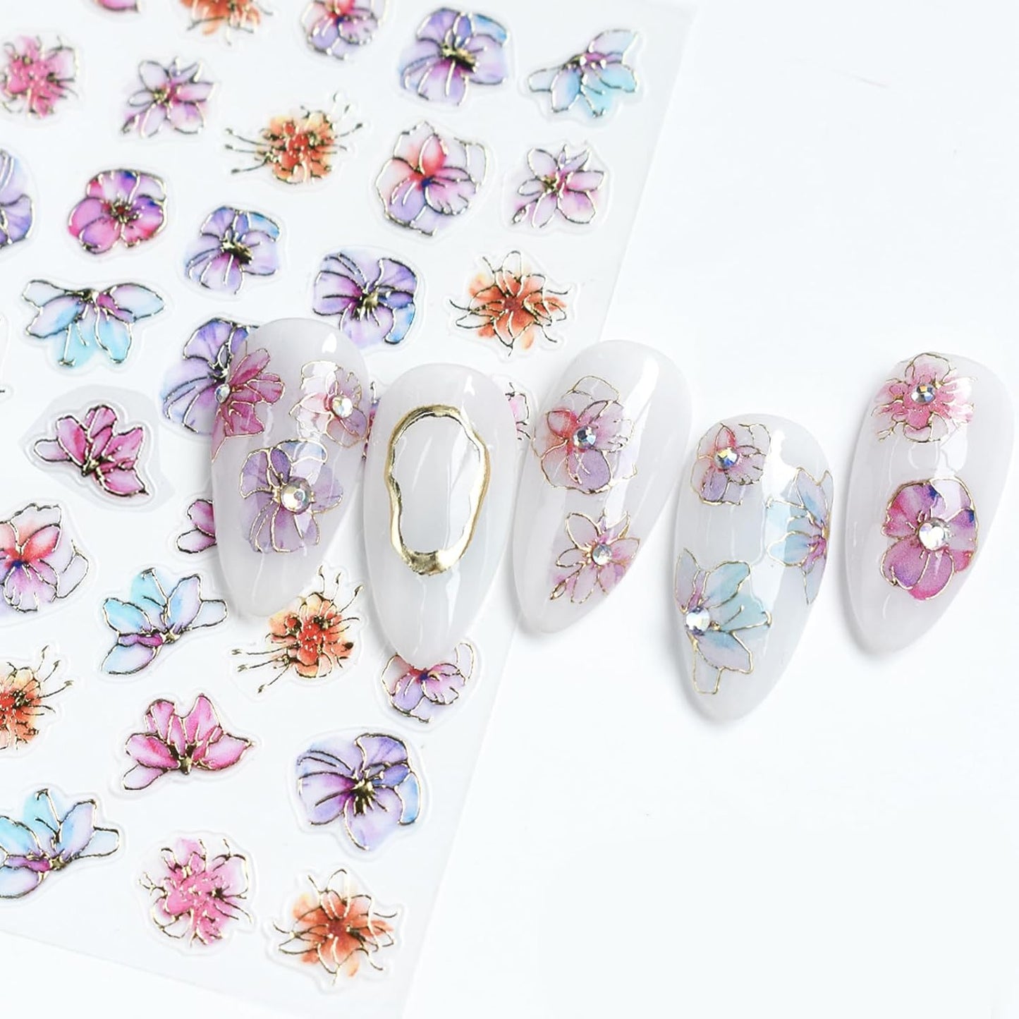 4 Sheets Purple Gold Flower Nail Art Stickers 5D Embossed Flowers Self-Adhesive Pegatinas Uñas Colorful Petals Nail Decals Purple Flower Nail Stickers for Women Nail Art Decoration