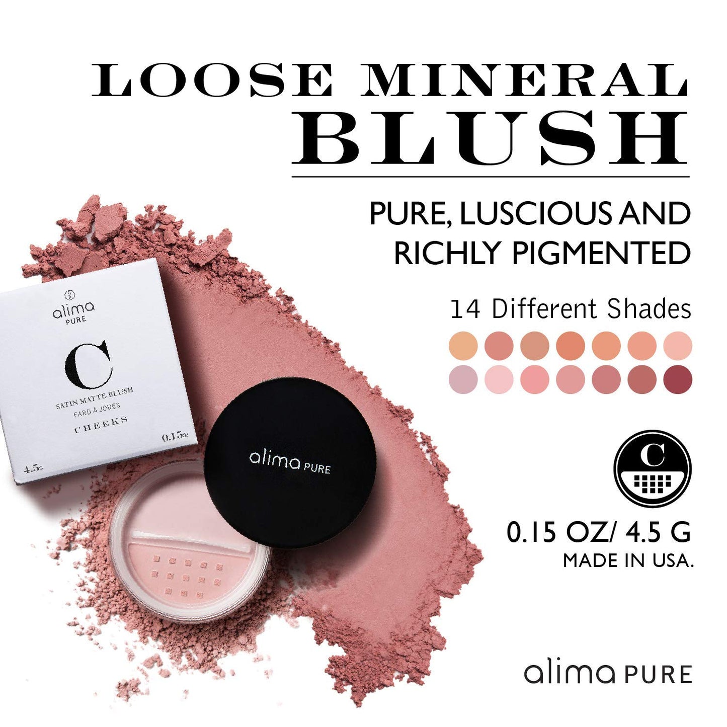 Alima Pure Loose Mineral Blush - Powder Makeup for Cheeks, Satin Matte Finish, Pink, Talc Free, Vegan .15 oz/ 4.5 g