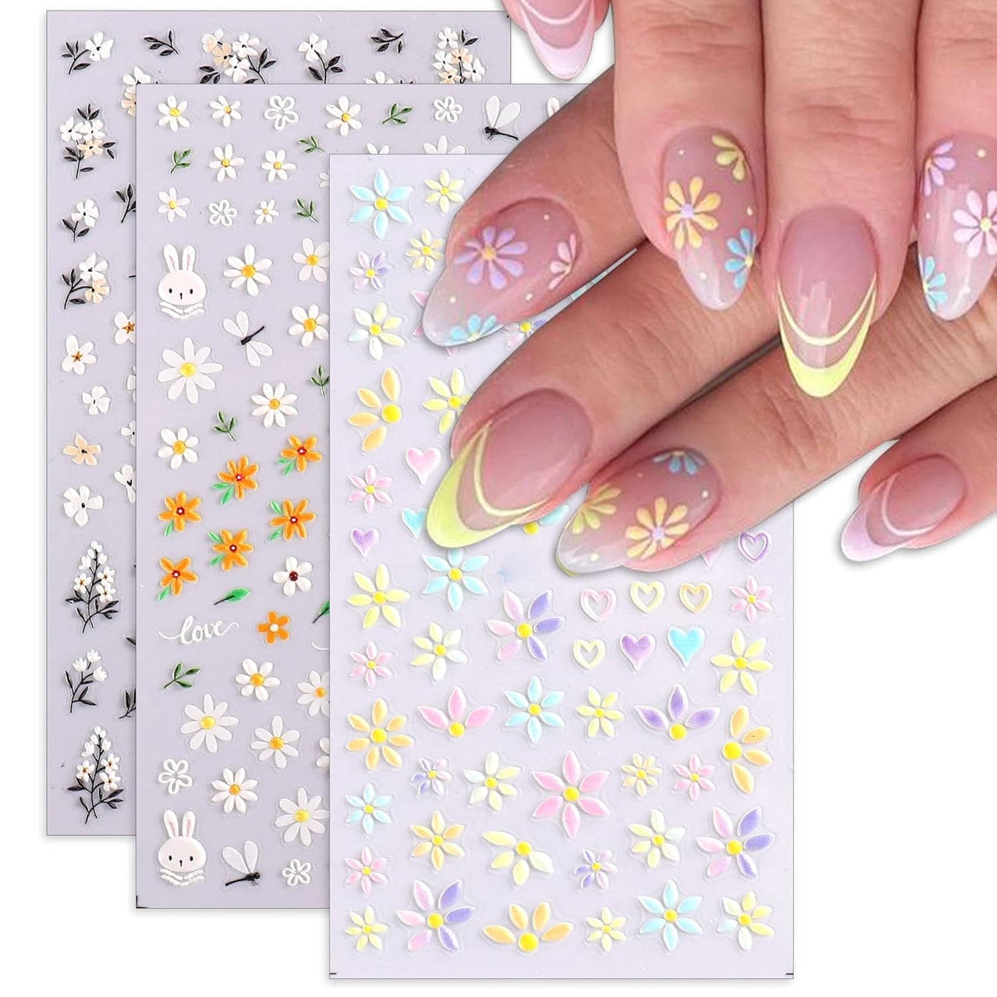 TailaiMei Flower Nail Art Stickers, 5D Embossed Colorful Spring Daisy Nail Decals, Self-Adhesive Design for DIY Decoration (3 Sheets)