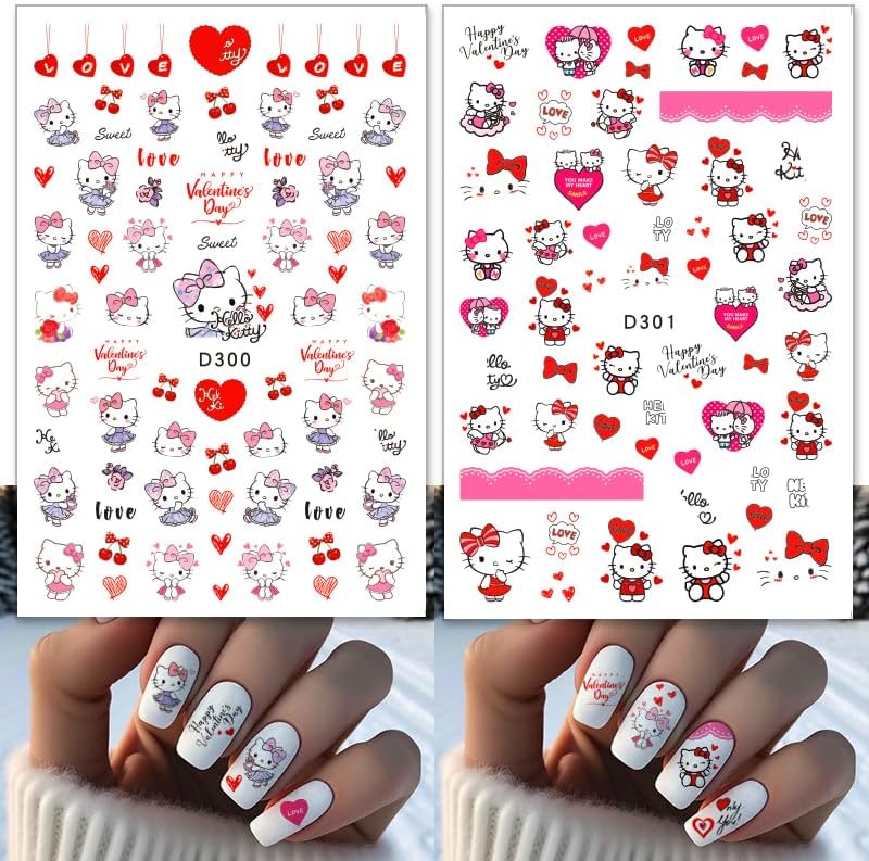 Valentines Nail Stickers Pink Cat Nail Art Stickers 3D Cat Self-Adhesive Nail Design Supply Heart Lover Romantic Cartoon Nail Decals for Women Girls DIY Manicure Decoration