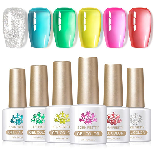 Born Pretty Jelly Gel Nail Polish Set Spring Summer Crystal Glass Translucent Pastel Sheer Gel Polish Pink Green Blue Red Yellow Silver Shiny Glitter Gel Nail Polish Nail Art Gel DIY Gift 6PCS