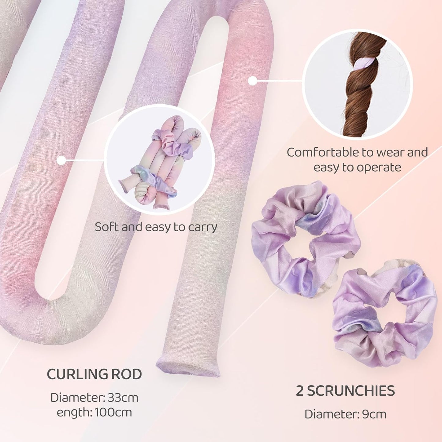 Satin Heatless Curling Set,Overnight Curls Hair Rollers with Hair Scrunchies,Sleep-Friendly Damage-Free Curlers for Soft Natural Waves (Rainbow)