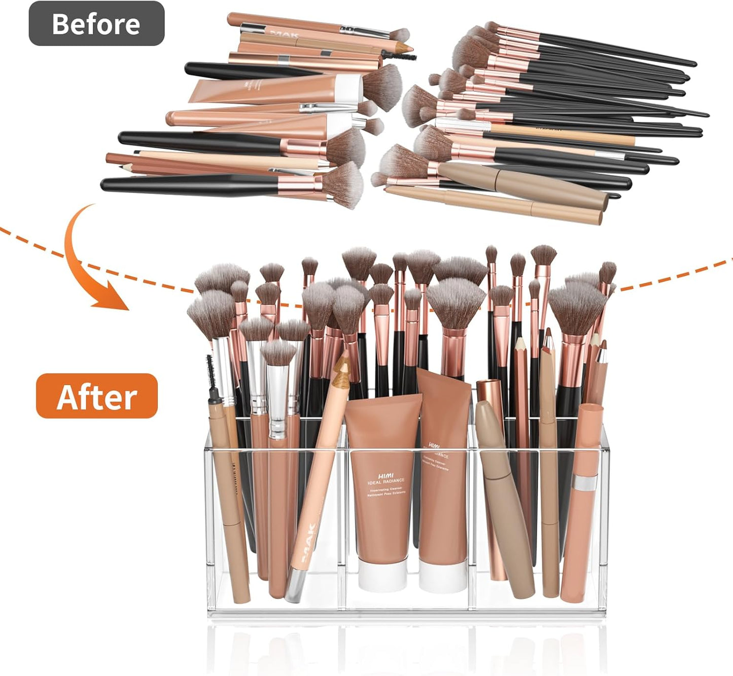 HIIMIEI Clear Makeup Brush Holder Organizer Acrylic 6-Slots Cosmetic Brushes Storage Organizer for Vanity Countertop