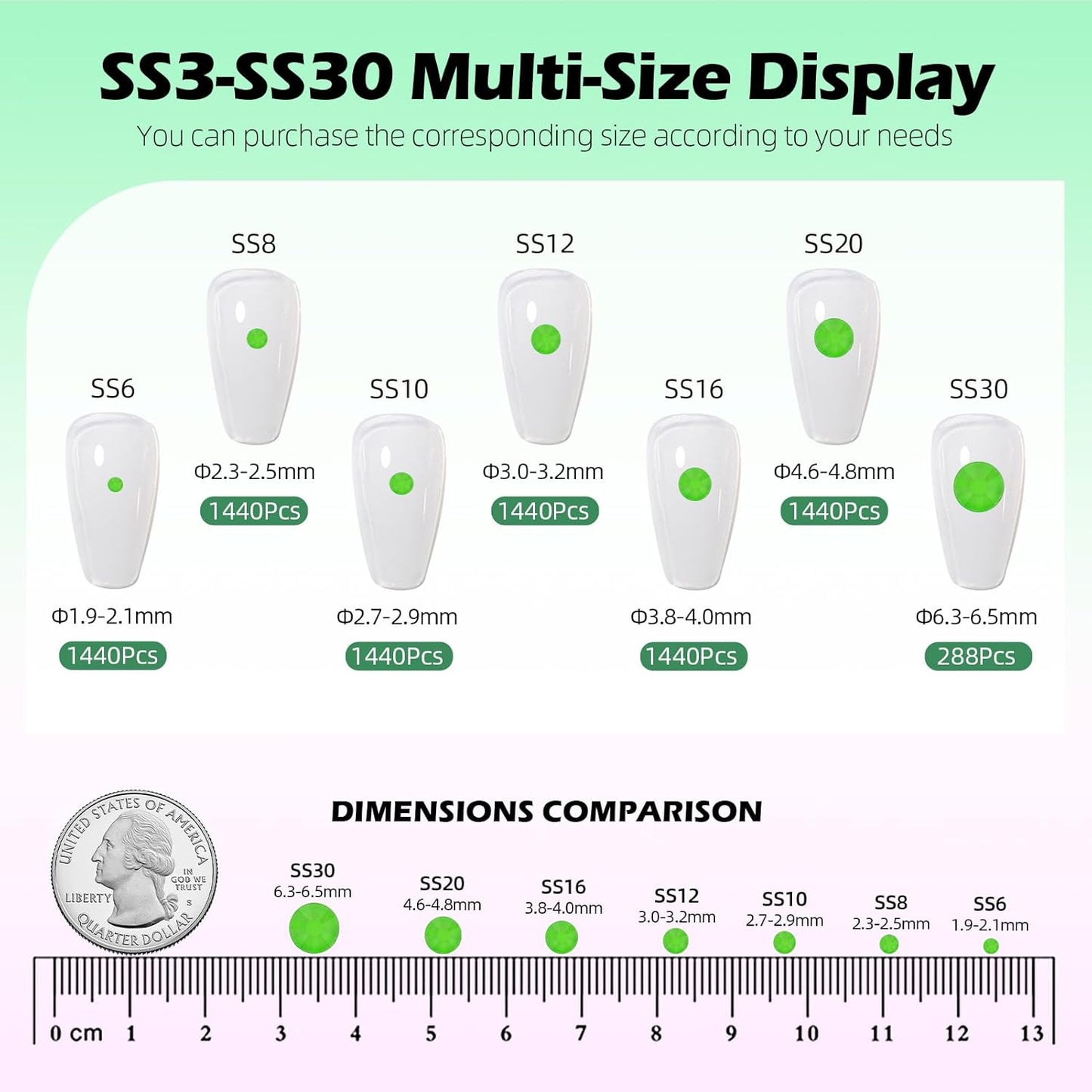 Neon Green Flatback Rhinestones, Glass Rhinestones for Nail Art and Craft, Glue Fix, Loose Crystal Gemstones(Neon Green, SS20, 1440pcs, 4.6-4.8mm)