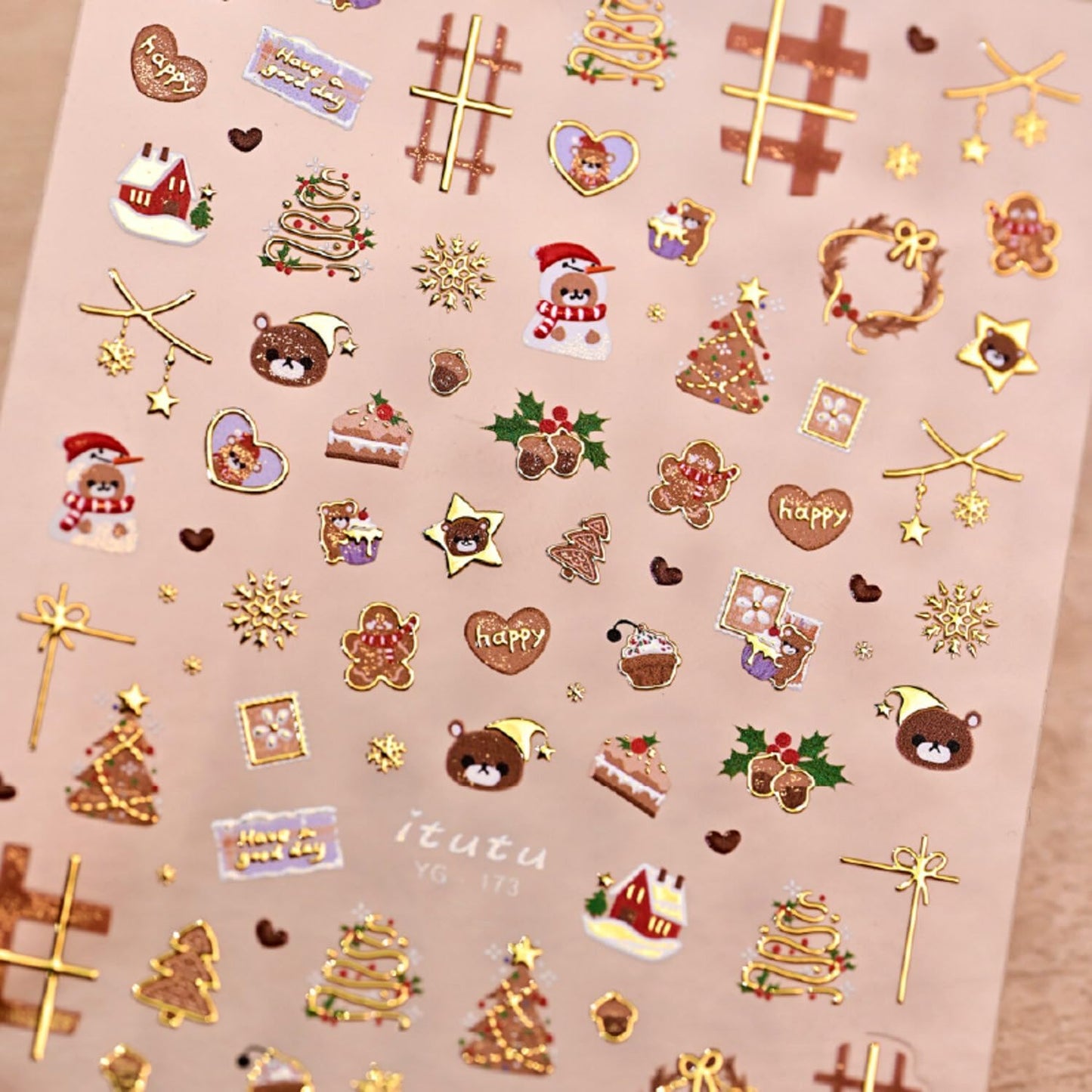 Christmas Nail Stickers for Nail Art Cute Bear Christmas Tree Wreath Glitter Gold Nail Art Stickers 5D Embossed Winter Nail Decals 3D Self-Adhesive Nails Supply Manicure Sliders for Nails Decoration