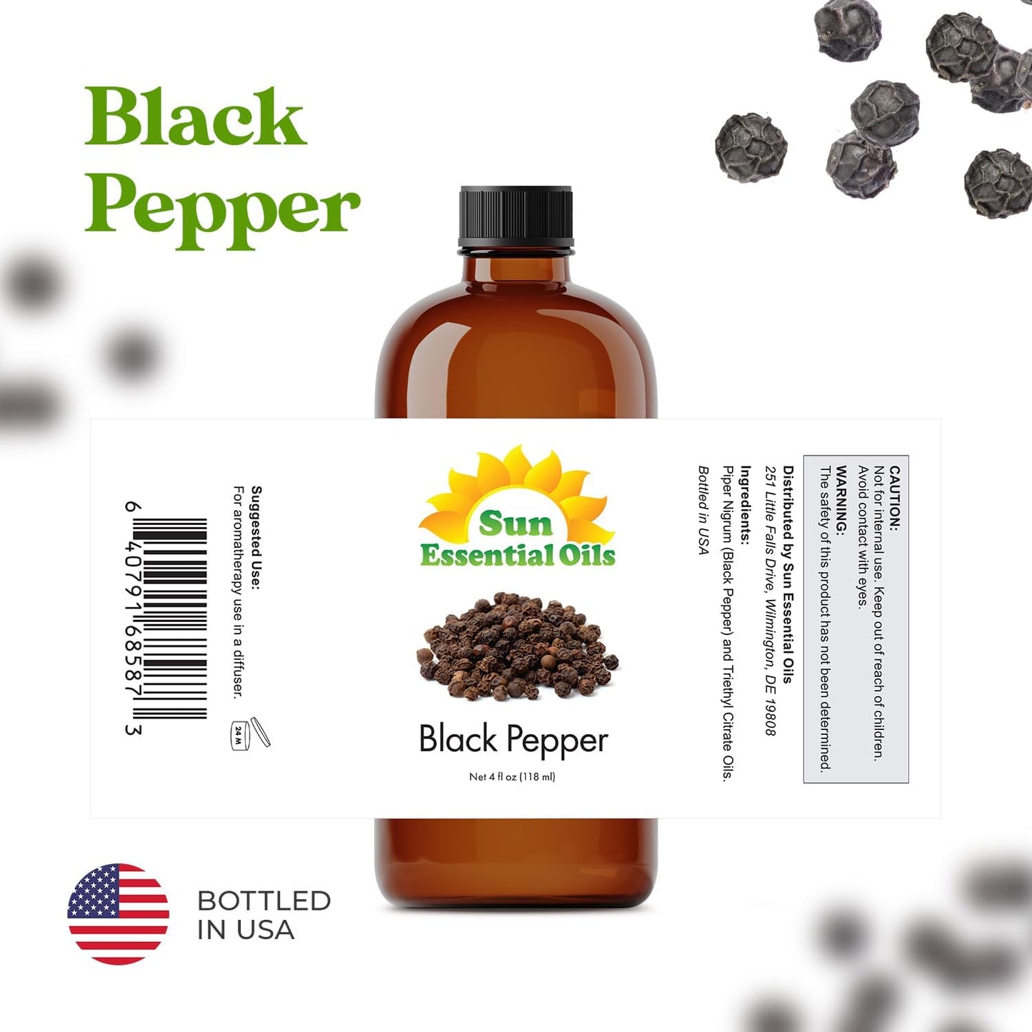 Sun Essential Oils - Black Pepper 4oz Bottle for Diffuser, Humidifier, Aromatherapy, Self and Home Care - Black Pepper Oil - Aromatherapy Oil