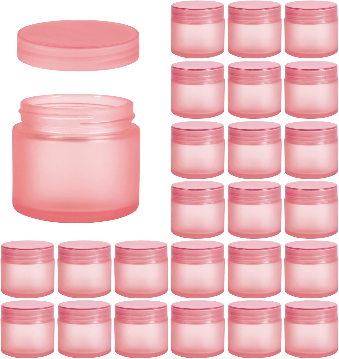 2oz Glass Jars 24 Pack, Hoa Kinh Mini Round Pink Frosted Glass Jars with Inner Liners and Pink Lids, Perfect for Storing Lotions, Powders and Ointments
