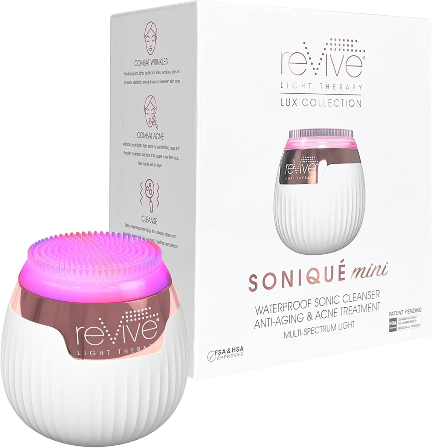 Revive Light Therapy Lux Collection Soniqué Mini, Rechargeable Sonic Face Cleanser Brush with Medical-Grade Blue & Red Light Therapy for Face, Acne & Wrinkle Care, Water-Resistant