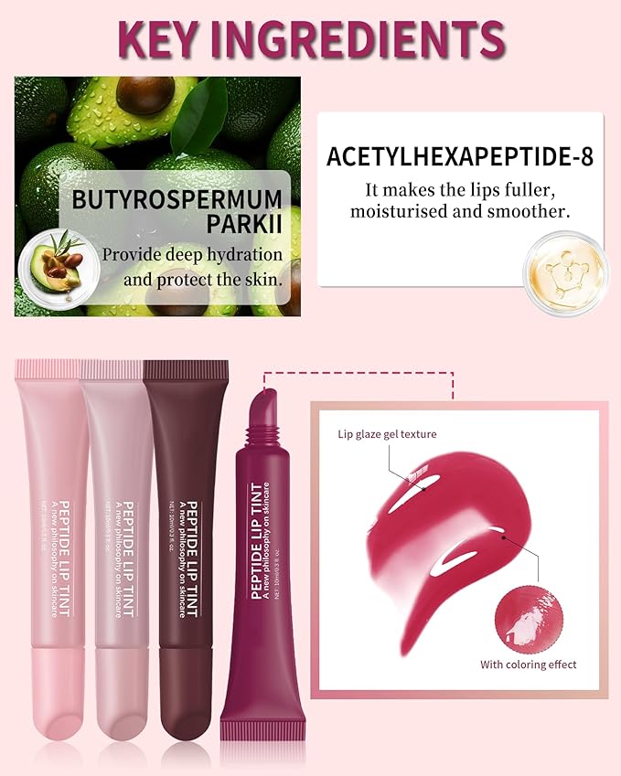 Tinted Lip Balm-2Pcs Pink Brown Peptide Hydrating Lip Tint Moisturizer,Jelly Glossier Lip Treatment Balm,Non-Stick Glow Reviver Lip Care Oil,Yummy Glowy Lip Gloss,Thanksgiving Makeup for Women-01+03