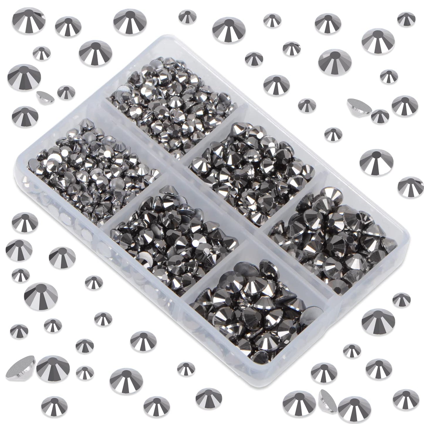 LPBeads 6000 Pieces Jet Hematite Non Hotfix Rhinestones 6 Sizes Round Crystal Glass Flat Back Rhinestones with Tweezers and Picking Pen for Nail Art Crafts Clothes Bags DIY