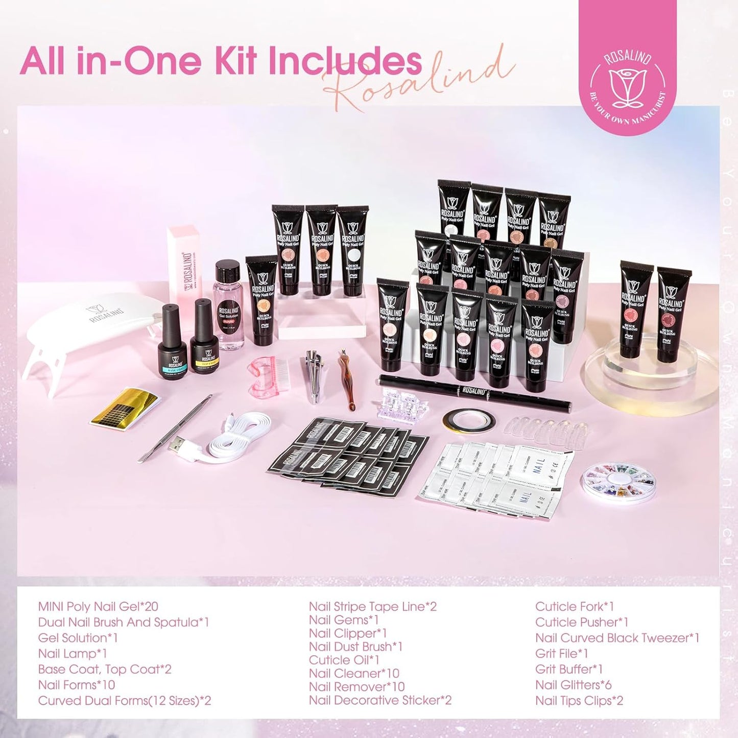 ROSALIND 20PCS Light Pink Nude Poly Nail Gel Kit with Mini Nail Lamp White Brown Poly Nails Extension Gel Set