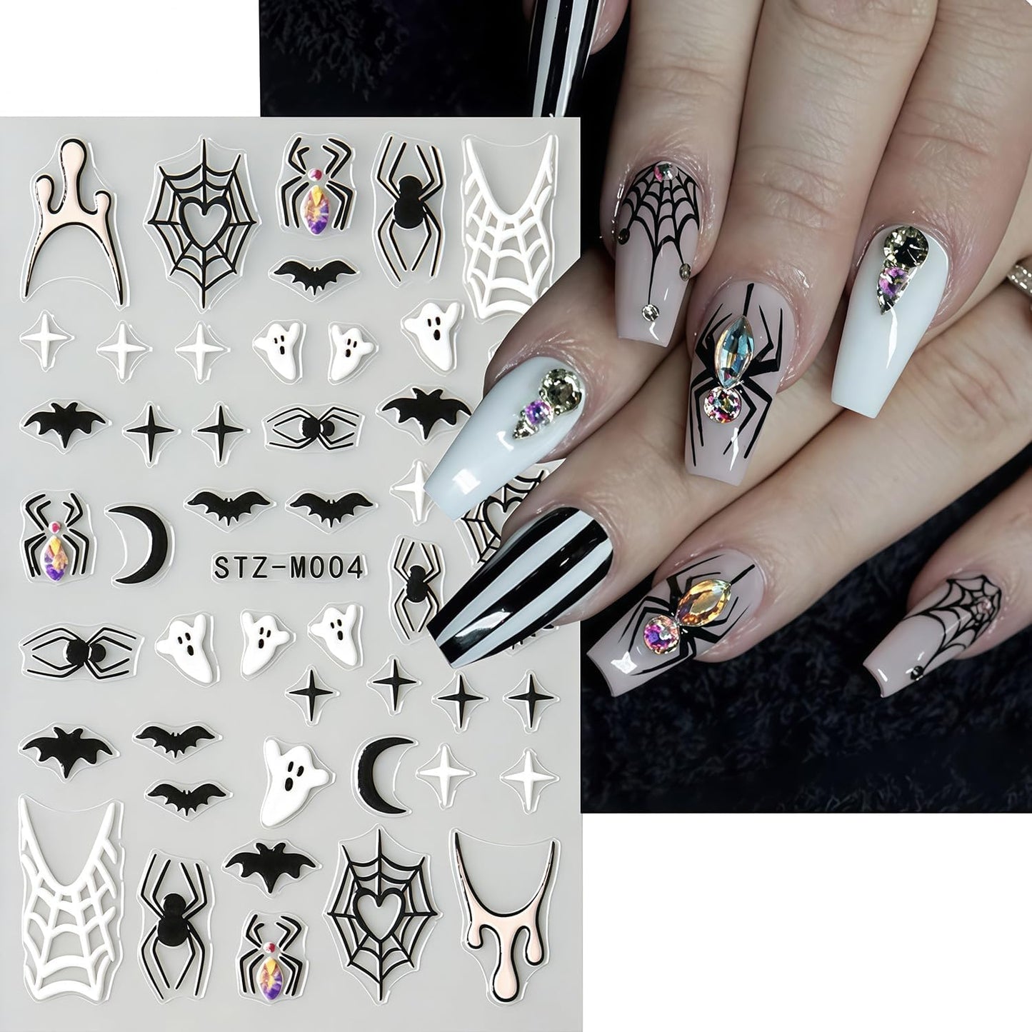 Halloween Nail Stickers for Nail Art 6 Sheets Self-Adhesive Spider Web Ghost Diamond Spider Bat Nail Art Stickers Halloween Spooky Decals Spiders Bat Sticker Holiday DIY Manicure Decoration for Women