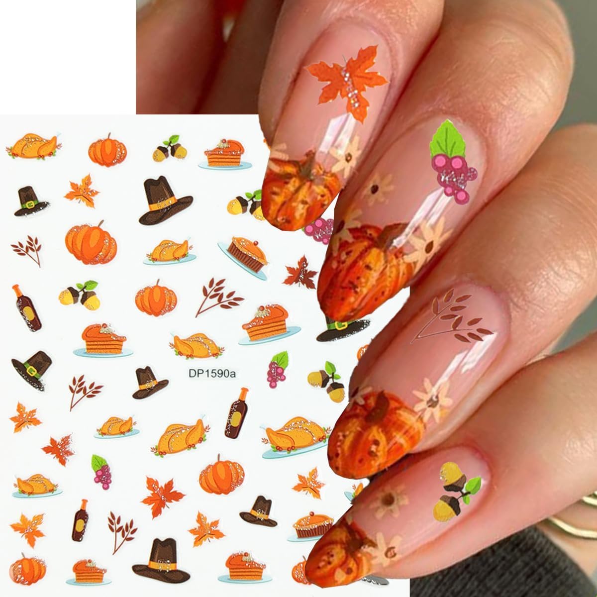 Autumn Nail Stickers Pumpkin Nail Art Stickers Fruit Nail Decals Fallen Leaves Maple Leaf Pear Grapes Hat Design Orange Thanksgiving Sticker for Nails DIY Manicure Decoration for Women 6 Sheet