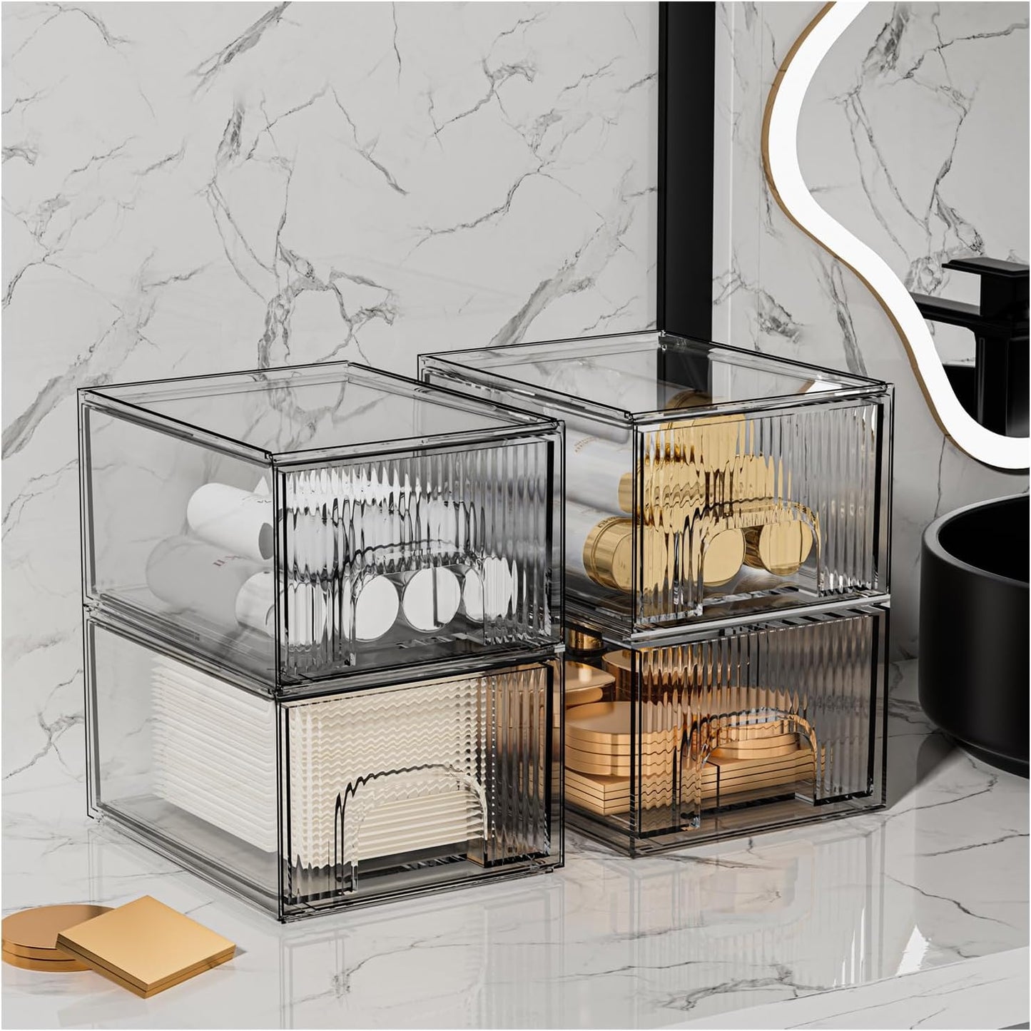 ZHIAI 4 Pack Clear Stackable Storage Drawer, Acrylic Drawer, Cosmetic Organizer, Plastic Organizer for Dresser, Under, Kitchen Cabinet, Pantry, Home Organization and Storage