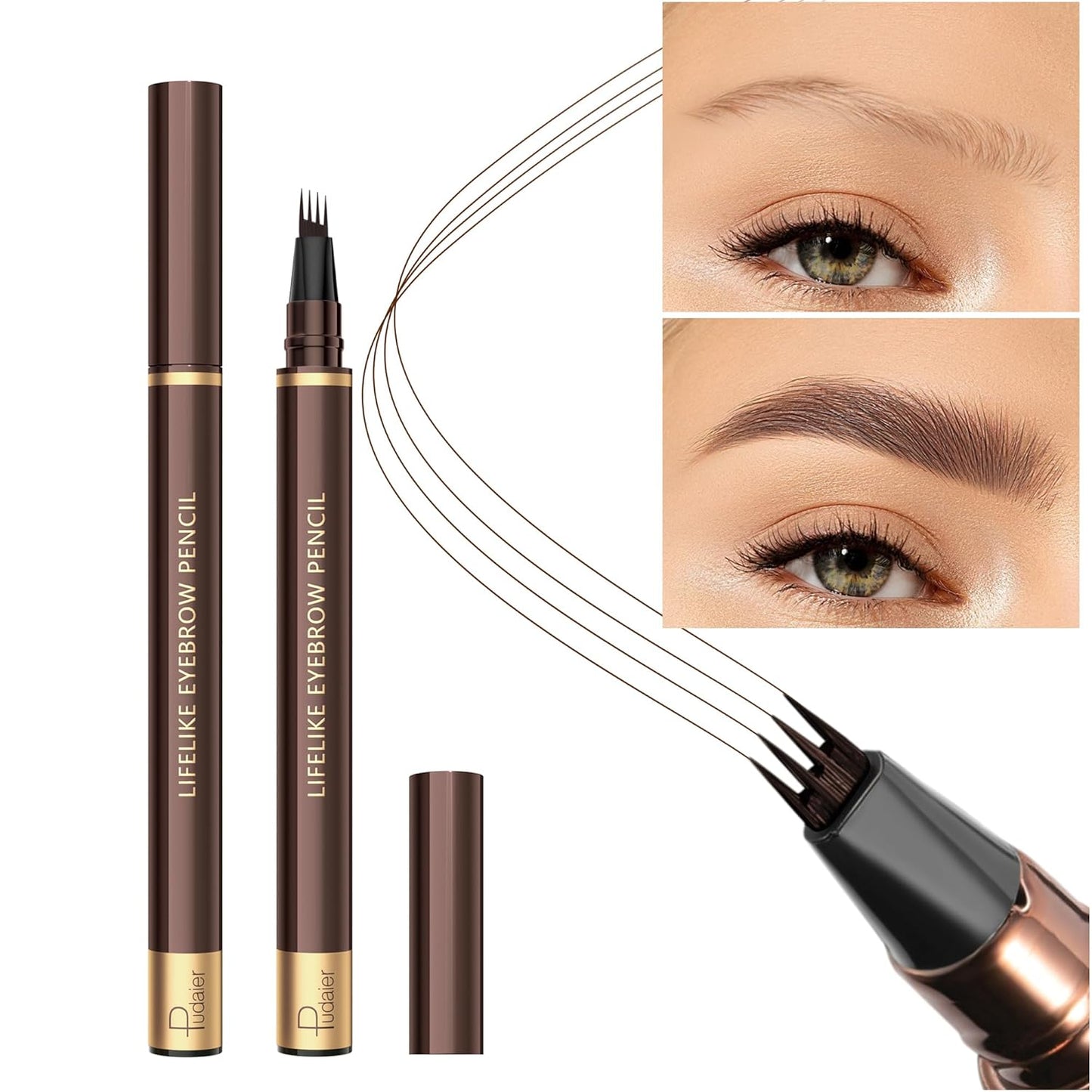 2 Pack Eyebrow Pen, Waterproof Microblading Eyebrow Pencil, 4 Tip Precise Eye Brow Makeup Pen for Women to Effortlessly Create Hair Like Natural Brows, Non Dry Out and Last All Day (Dark Brown)