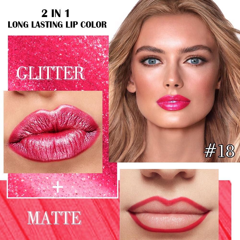 Kaely 2-in-1 Crushed Ruby Red Metallic Lipstick and Lip Liner, Shimmer Liquid Metallic Lipsticks for Women, Glitter Lip Gloss Stain Long Lasting Waterproof Smudge Proof 24 Hour, Vegan Makeup, 18