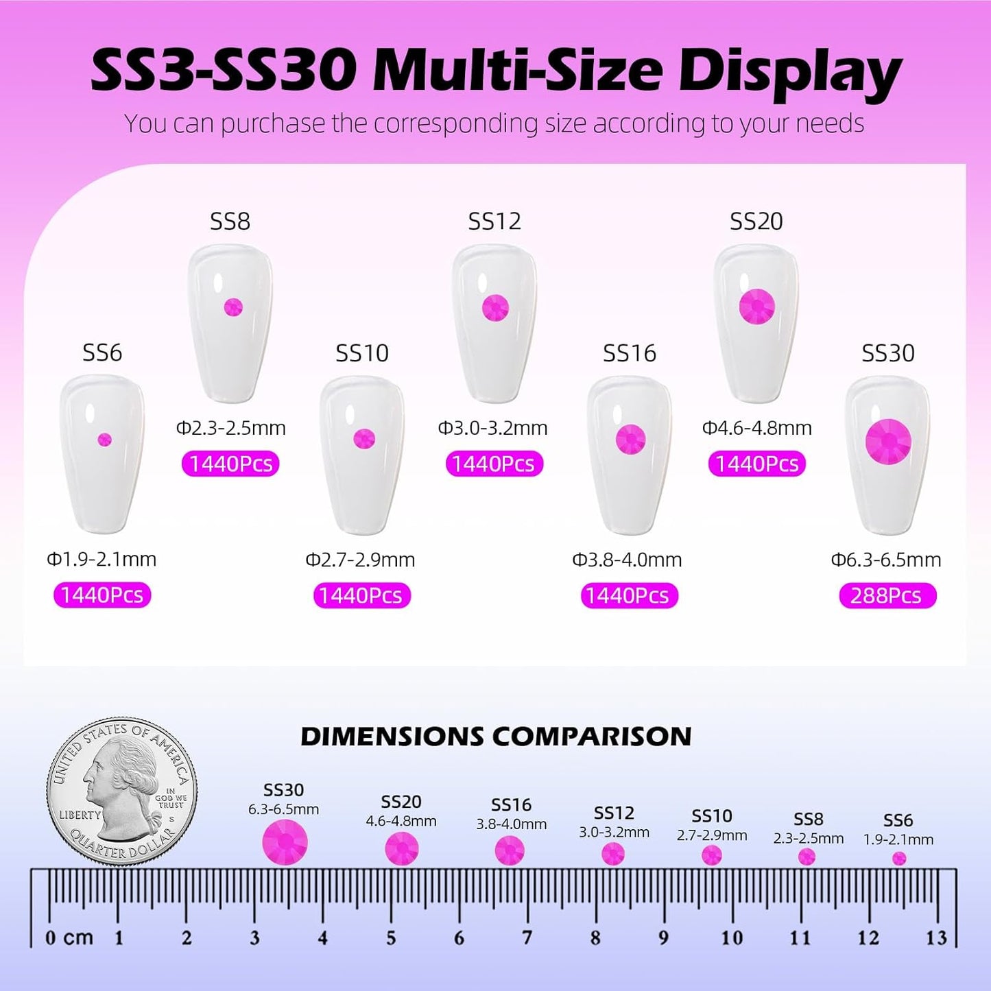 Neon Purple Flatback Rhinestones, Glass Rhinestones for Nail Art and Craft, Glue Fix, Loose Crystal Gemstones(Neon Purple, SS12, 1440pcs, 2.9-3.0mm)