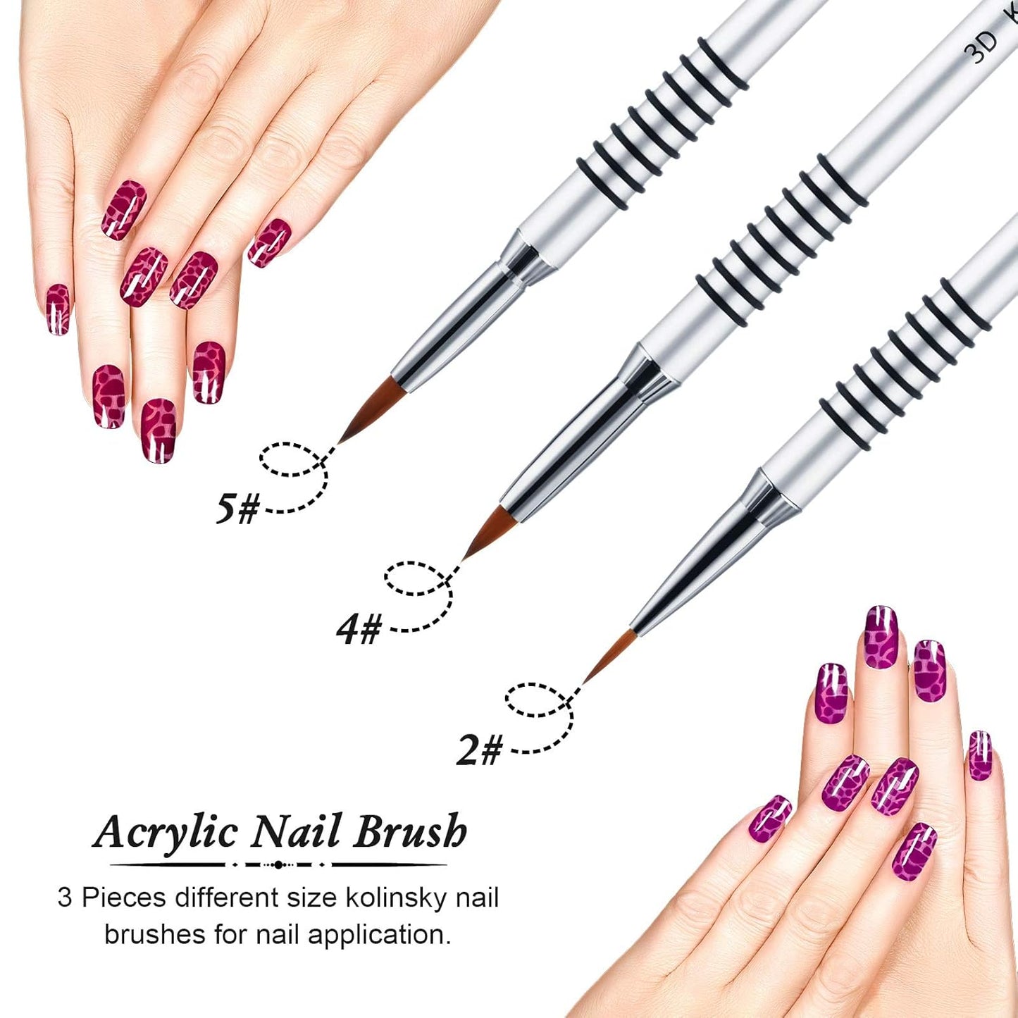 Patelai 3 Pcs Kolinsky 3D Nail Art Brush Set Size 2/4/5 Acrylic Nail Art Brush with Silver Metal Nonslip Grip Handle Polish Cleaning Manicure Tools for Women Acrylic Sculpture Application