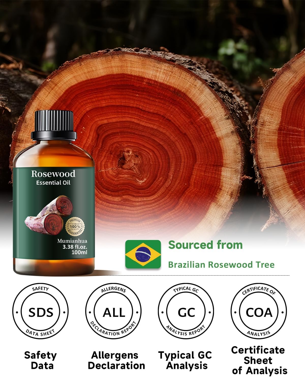 Rosewood Essential Oil Pure, Mumianhua Natural Organic Pure Premium Therapeutic Rosewood Oils for Skin, Body, Hair Care, Diffuser, Candle, Soap, Making, DIY, Massage 3.38 Fl Oz