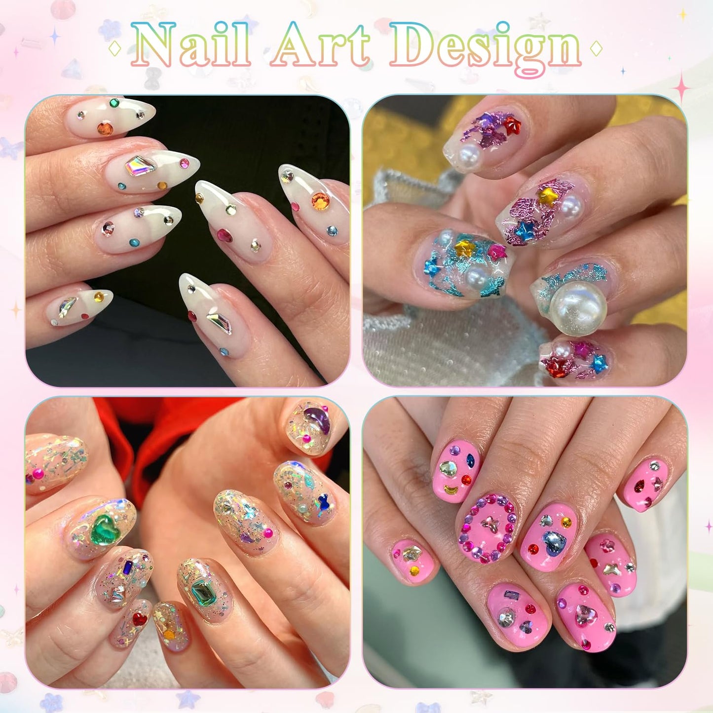 6360 PCS 2-3 MM Muliti Shape Colorful Rhinestones for Nail Art, 3D Resin Flatback Bedazzling Gems Mini Flower Bow Heart Star Butterfly, Gems Kit with Tweezers, Pickup Pencil and 15ML Nail Glue