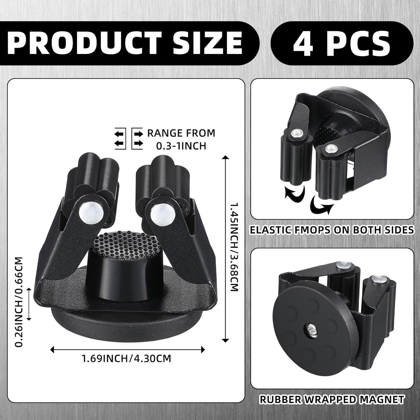 4 Pcs Magnetic Mop Broom Holder Movable Magnetic Broom Holder Rack, Anti Slip Wall Mounted Utility for Cleaning Tools, Garage, Kitchen, Laundry, Garden (Black)