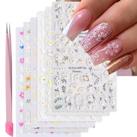 Flower Nail Stickers for Nail Art 6 Sheets 5D Embossed Nails Decals Spring Summer Self-Adhesive Supplies Accessories 3D Flowers Nails Stickers for Women Design Decoration