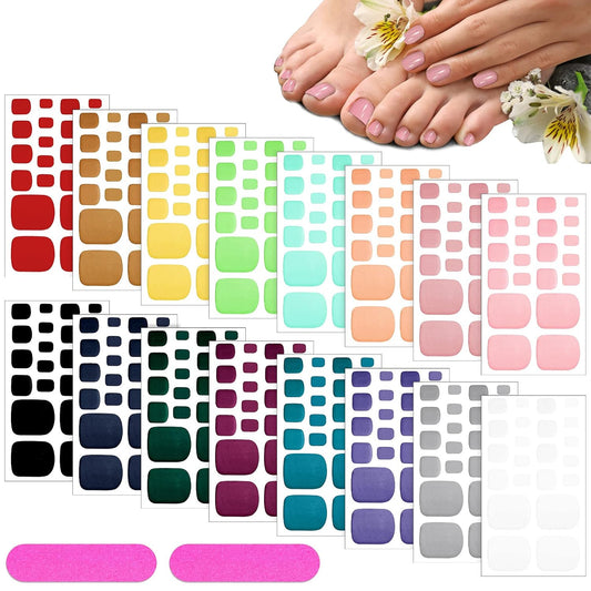 Maitys 352 Pieces 16 Sheets Toenail Polish Stickers Strips Adhesive Toe Nail Wraps Full Wraps Polish Strips DIY Manicure Decal with 2 Pieces Nail Files(Shiny Color)
