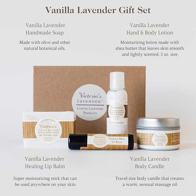 Victoria's Lavender Natural Body Products Gift Set - Handmade Soap, Hand & Body Lotion, Lip Balm, Body Candle Skin Care Sets & Kits, Lavender Bath and Body Products for Women, Vanilla Lavender