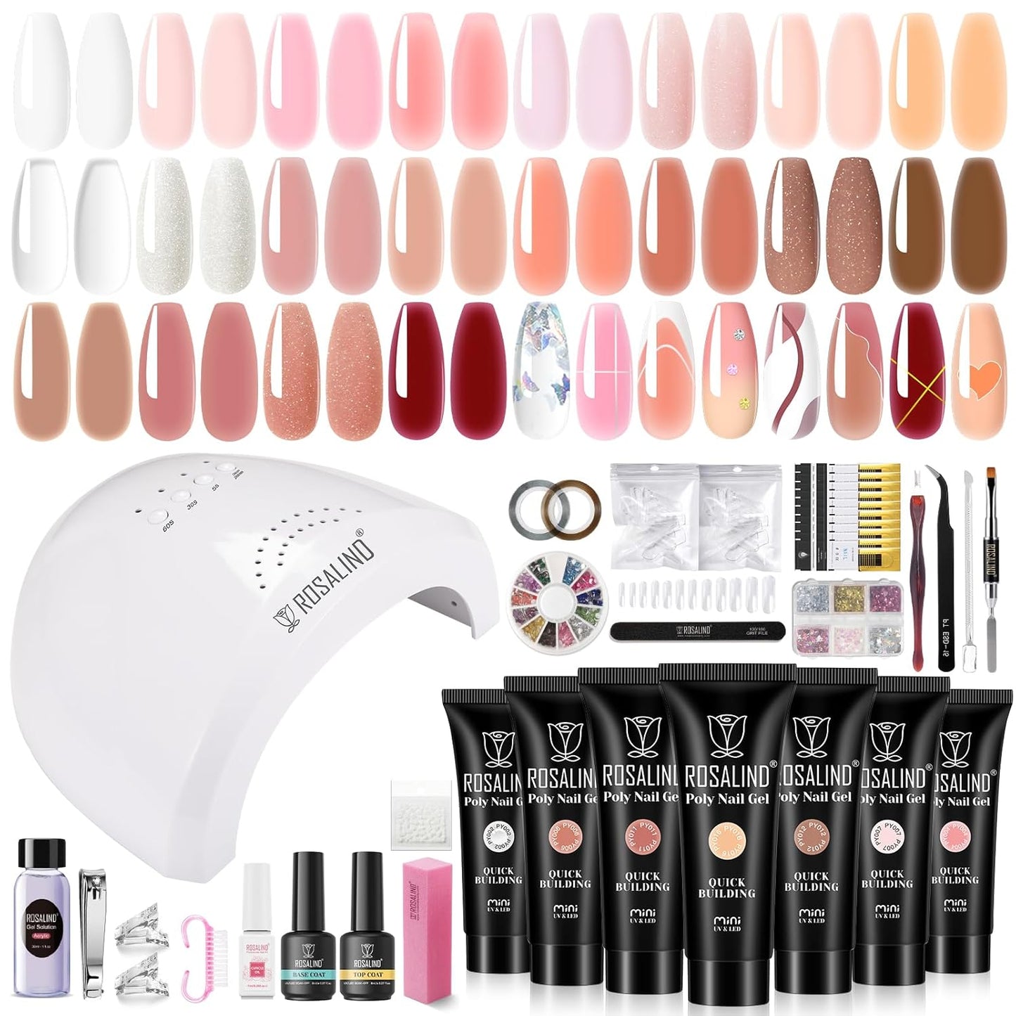 ROSALIND 20PCS Poly Nail Gel Kit with Nail Lamp White Brown Poly Nails Gel Kit Clear Nude Nail Extensions Gel Set With UV Lamp