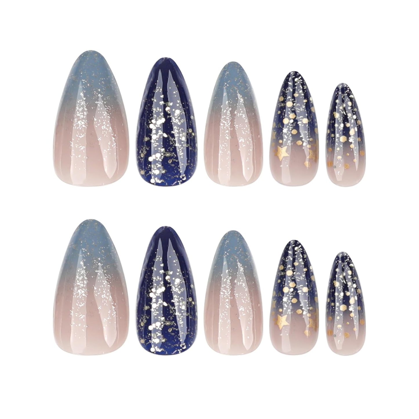 Ombre Press On Nails medium, Almond Fake Nails Featuring a Nude-to-Blue Gradient and accented with golden glitte, Glossy Finish Acrylic Nails, Reusable Glue On Nails for Women, 24Pcs, Golden Tide