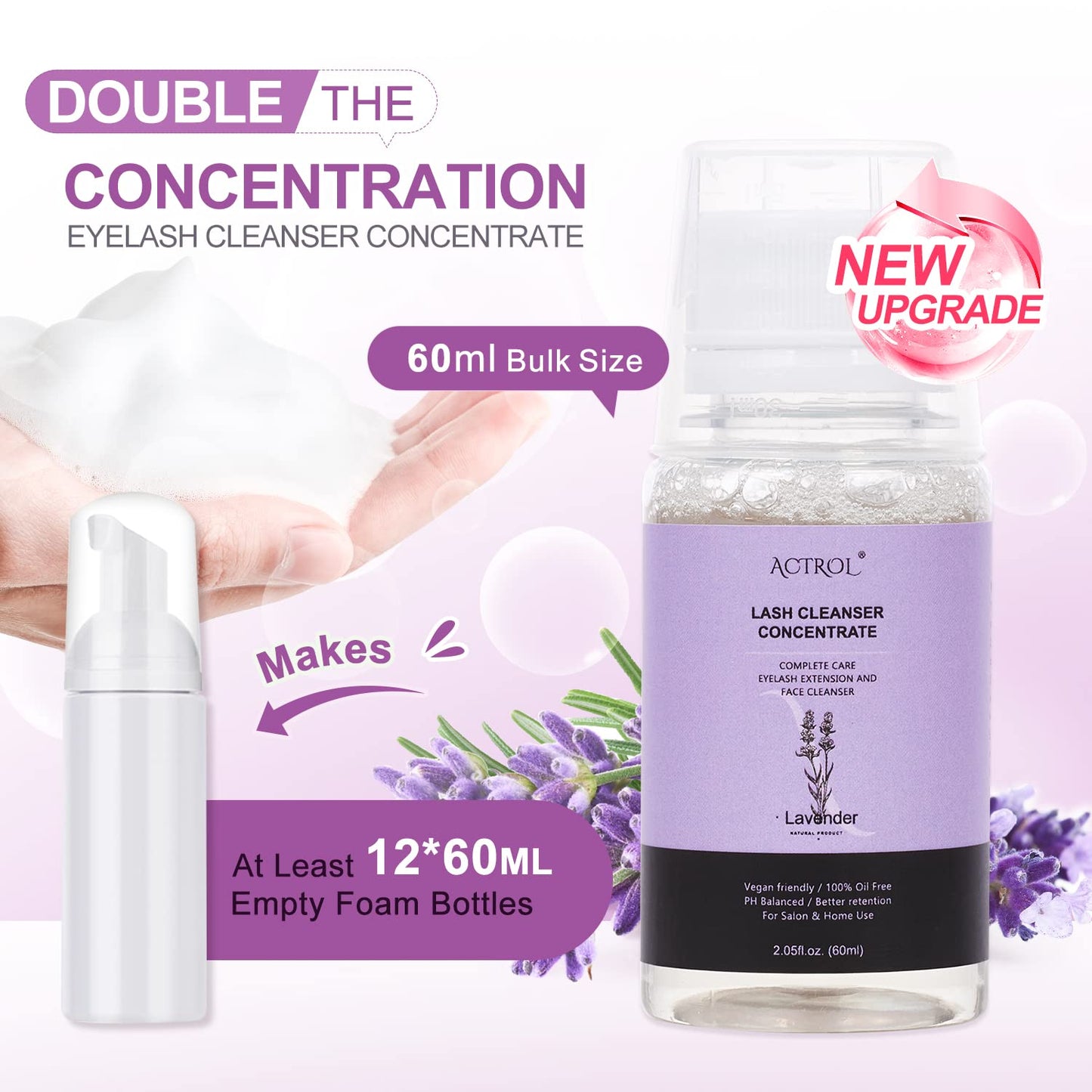 Eyelash Cleanser Concentrate 60ml Lavender Professional Lash Shampoo Foaming Cleanser DIY Wash for Extensions Lashes with Salon Home Care-Makes 12 Bottles