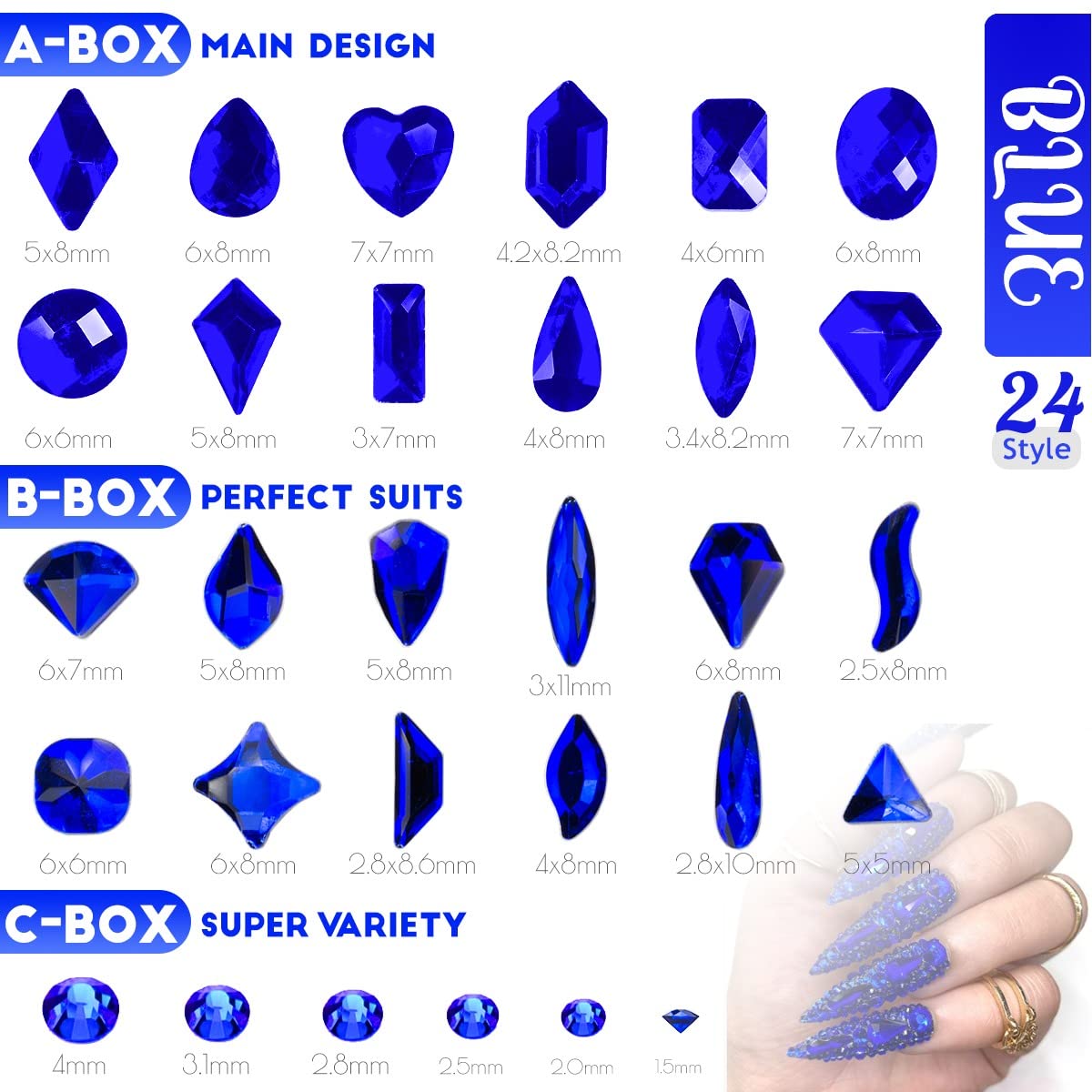 3 Boxes Royal Blue Nail Rhinestones 240 Multi-Shapes Sapphire Big Gems K9 Glass Flatback Round Beads Crystals Stones Diamonds Nail Art Charms for Nails Face Eyes Makeup Crafts Tumblers Clothes