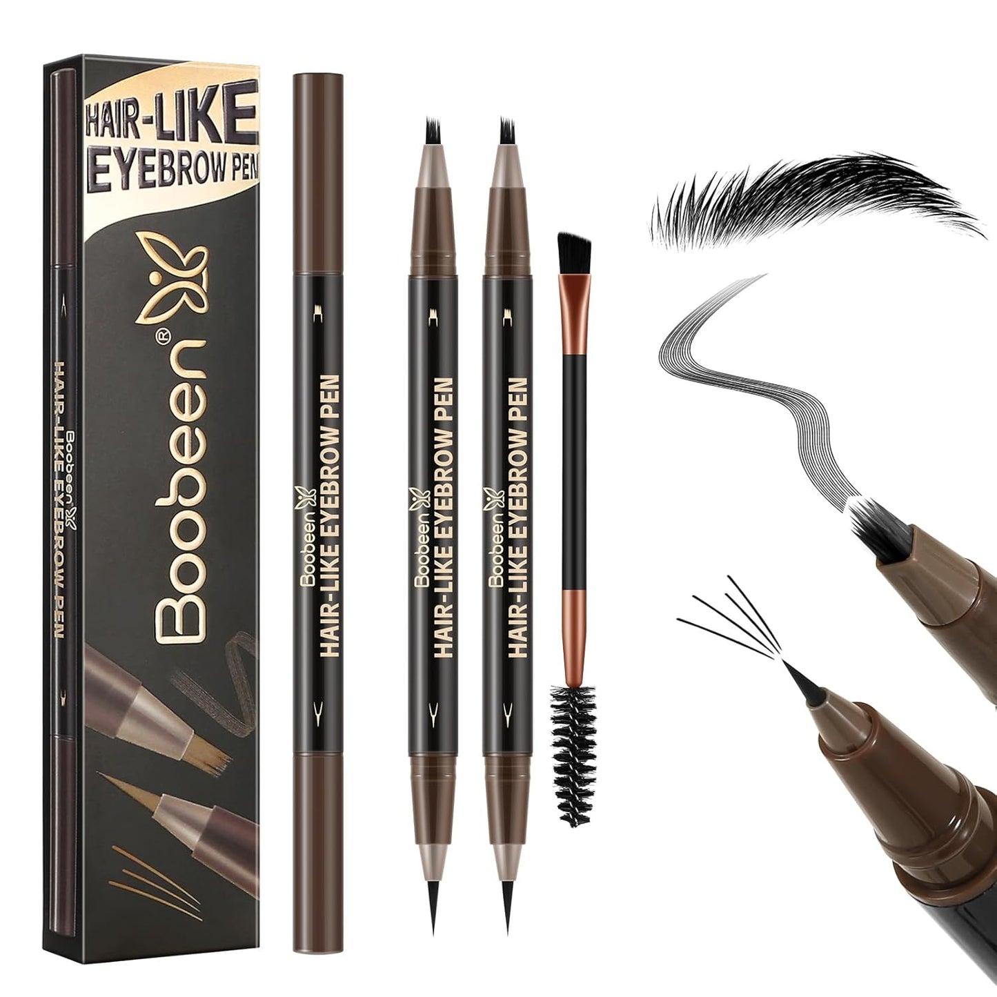 Boobeen 2pcs Waterproof Eyebrow Pen，Dual-Ended Eyeliner Microblading Eyebrow Pencil for Women，Long Lasting Hair-Like Brow Pen with Brow Brush，Dark Brown