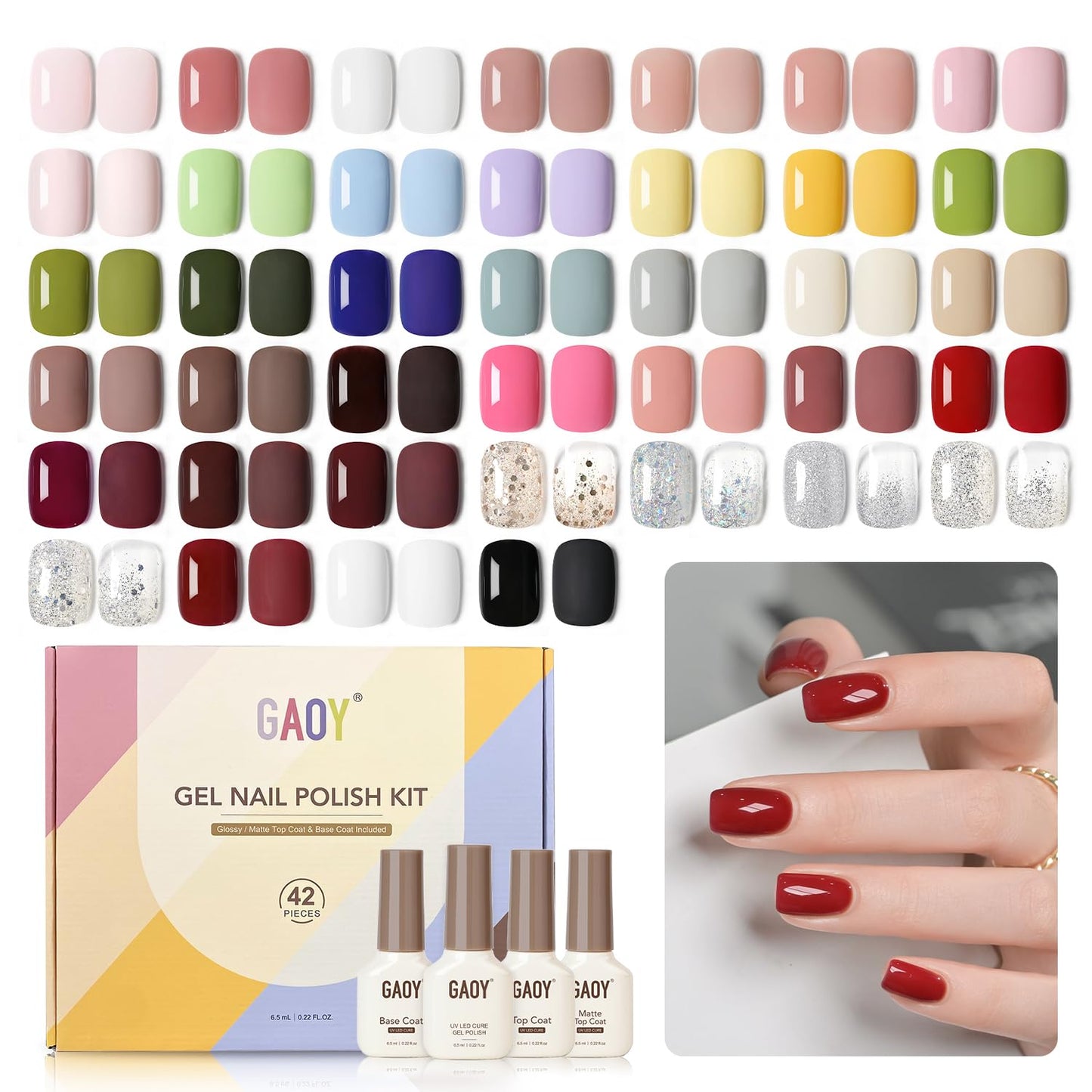 GAOY 42 Pcs Gel Nail Polish Kit, Brown Glitter Burgundy Red Colors All Seasons Gel Nail Polish Set with Glossy & Matte Top Coat and Base Coat for Salon and DIY Manicure at Home